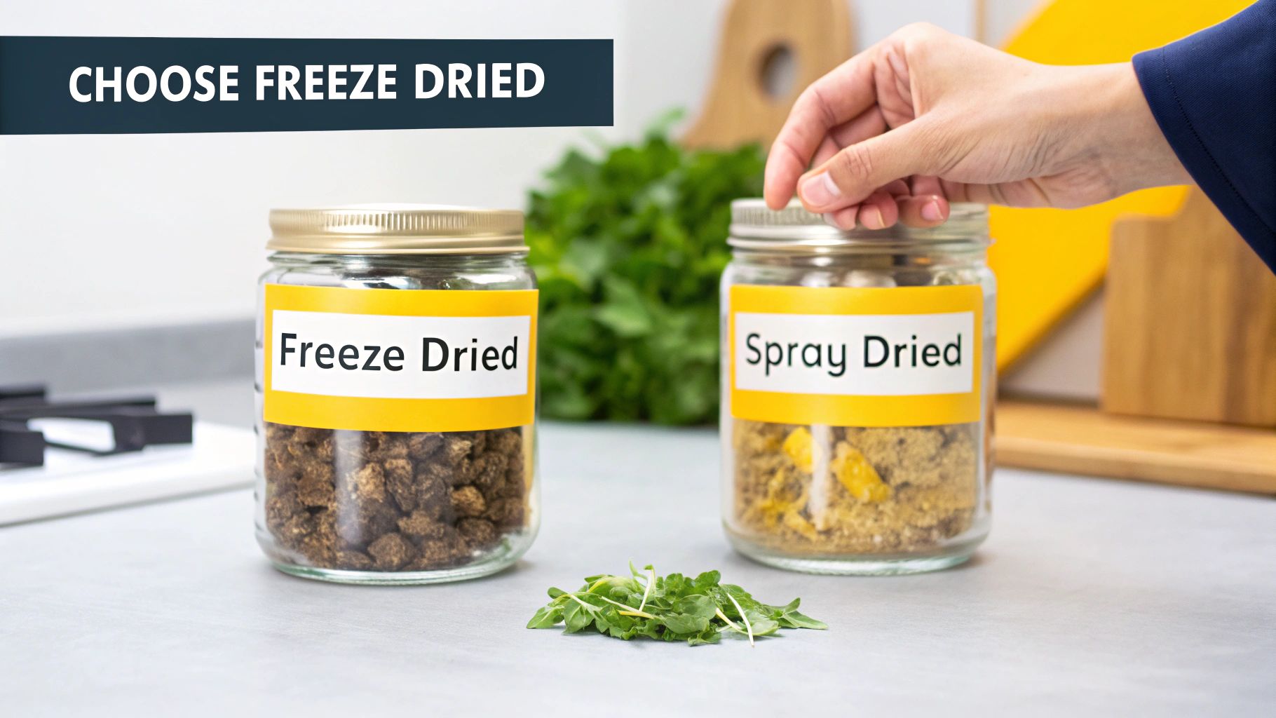 A hand reaches for 'Spray Dried' greens, next to 'Freeze Dried' greens and fresh microgreens on a counter.