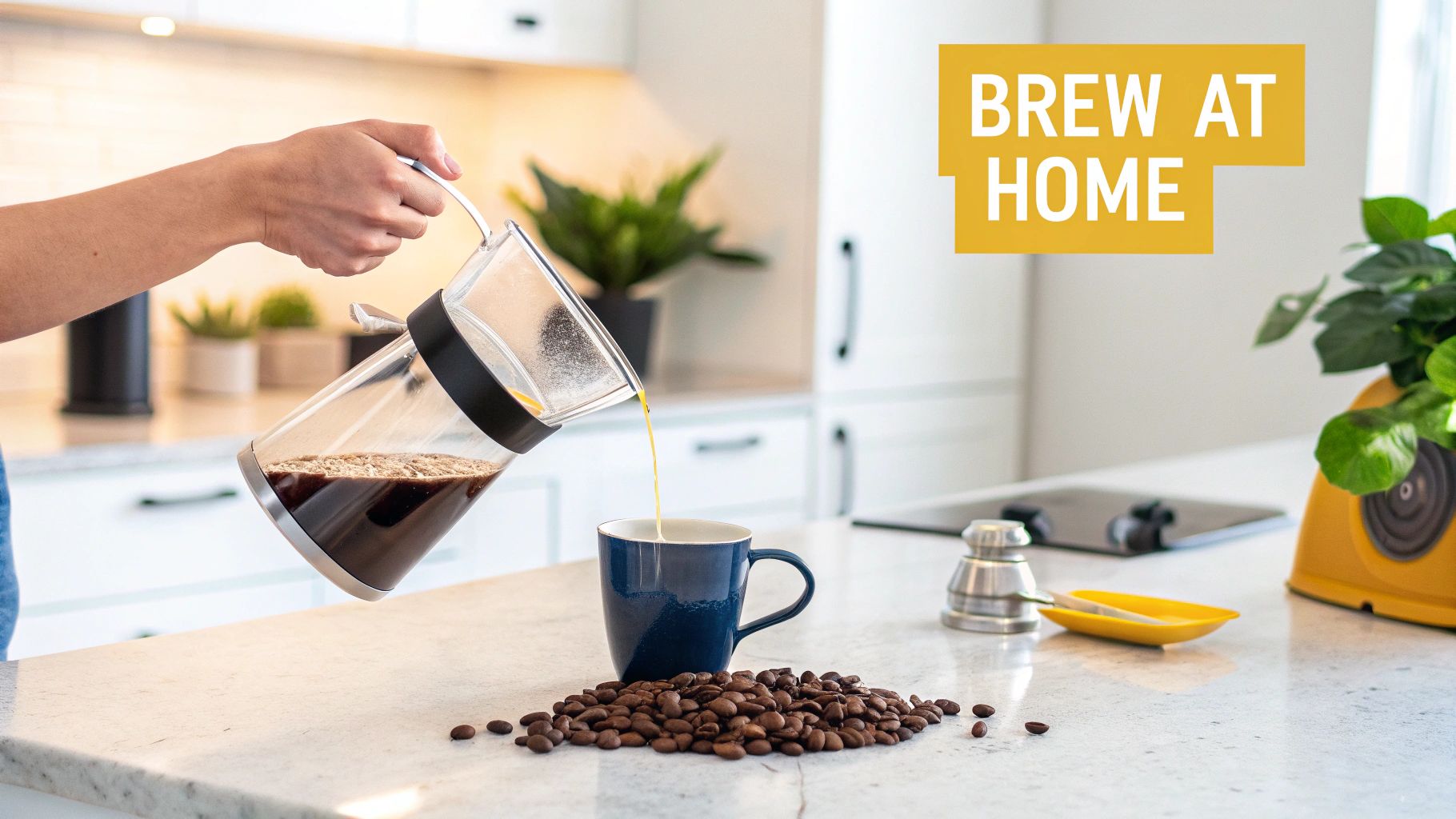 A person pours freshly brewed coffee from a glass carafe into a blue mug in a modern kitchen.
