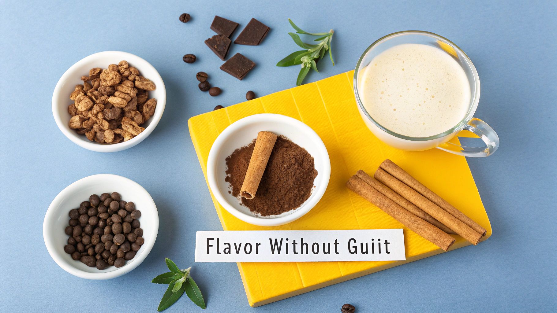 A person stirring a cup of instant coffee with a spoon, with cinnamon sticks and a small bowl of cocoa powder nearby.