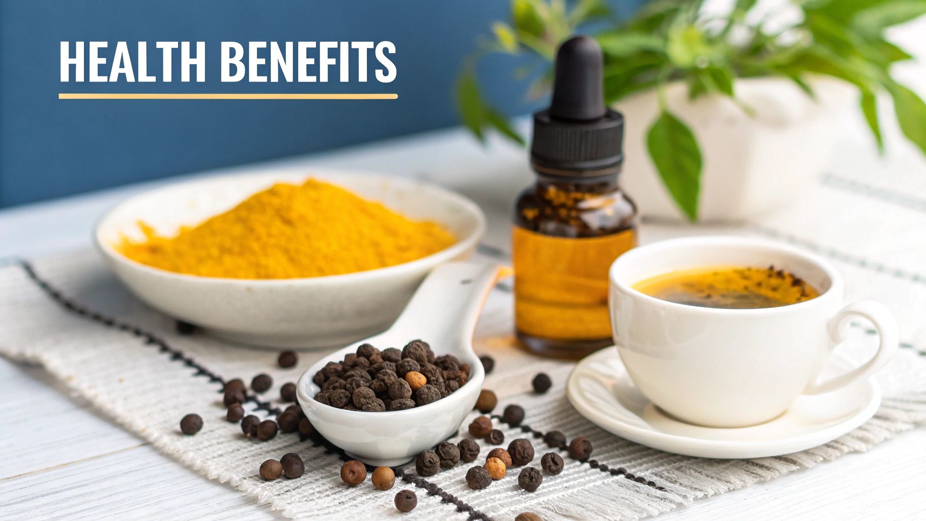 A close-up shot of a hand stirring a golden turmeric latte in a white mug.