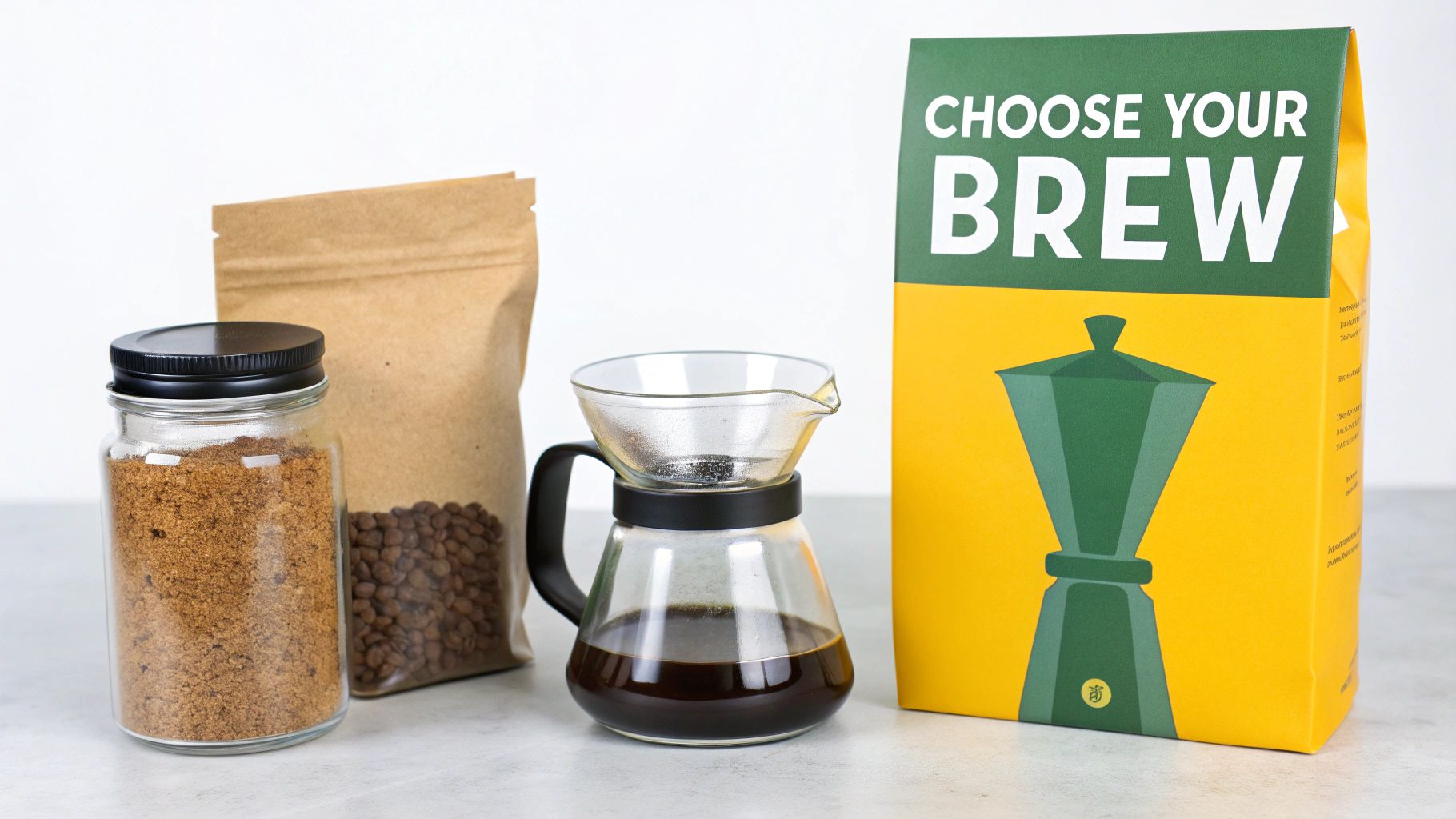 A pour-over coffee maker, coffee beans, brown sugar, and a 'Choose Your Brew' box.