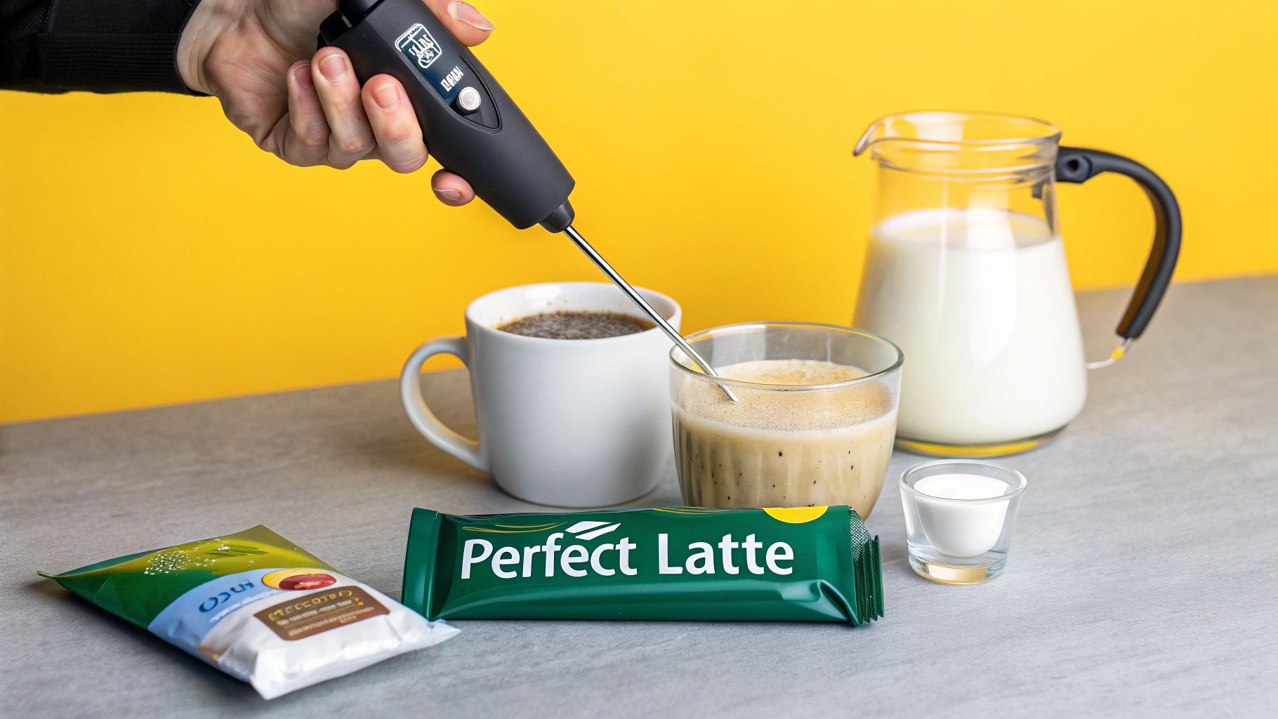 A person pouring hot water into a mug to make an instant latte.