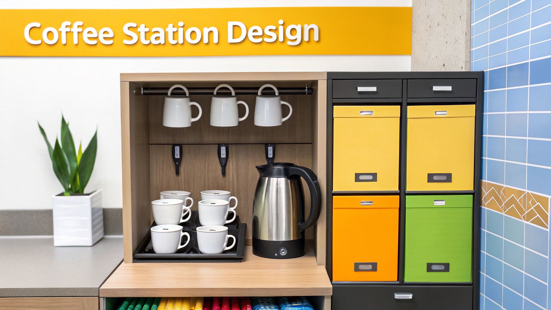 An organized and welcoming office coffee station with neatly arranged mugs and supplies.