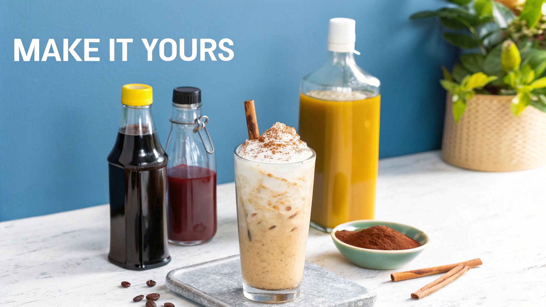 A customizable iced coffee bar setup with syrups, spices, and a finished drink.