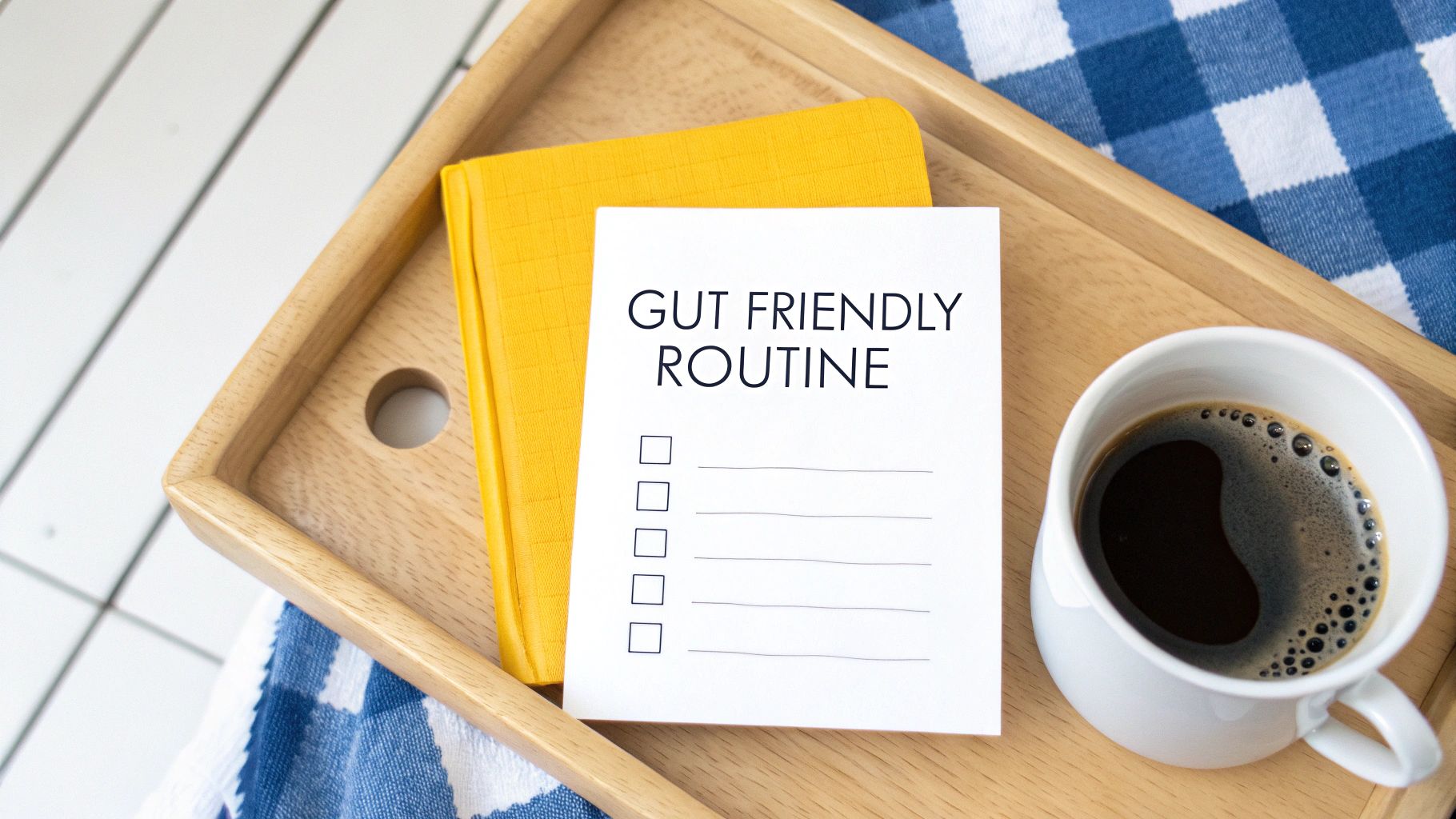 Overhead view of a wooden tray with a 'Gut Friendly Routine' checklist, a yellow notebook, and coffee.