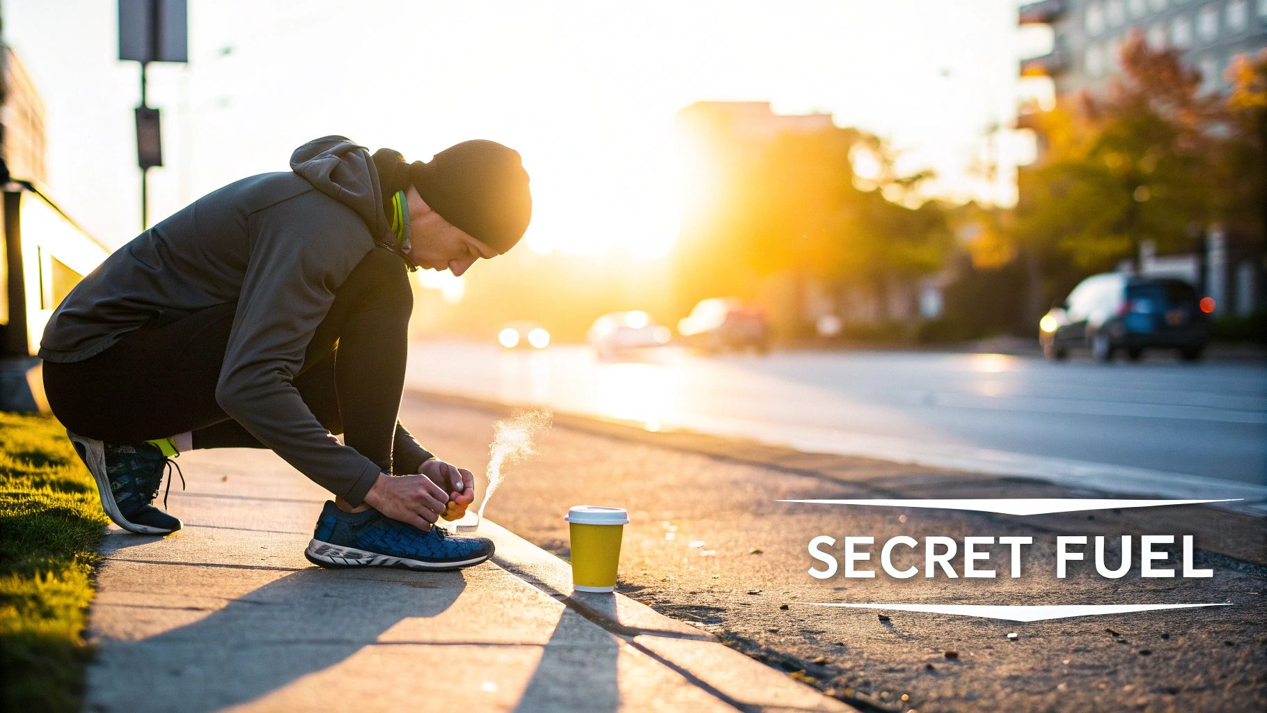 A runner holding a cup of coffee with running shoes and a map nearby.