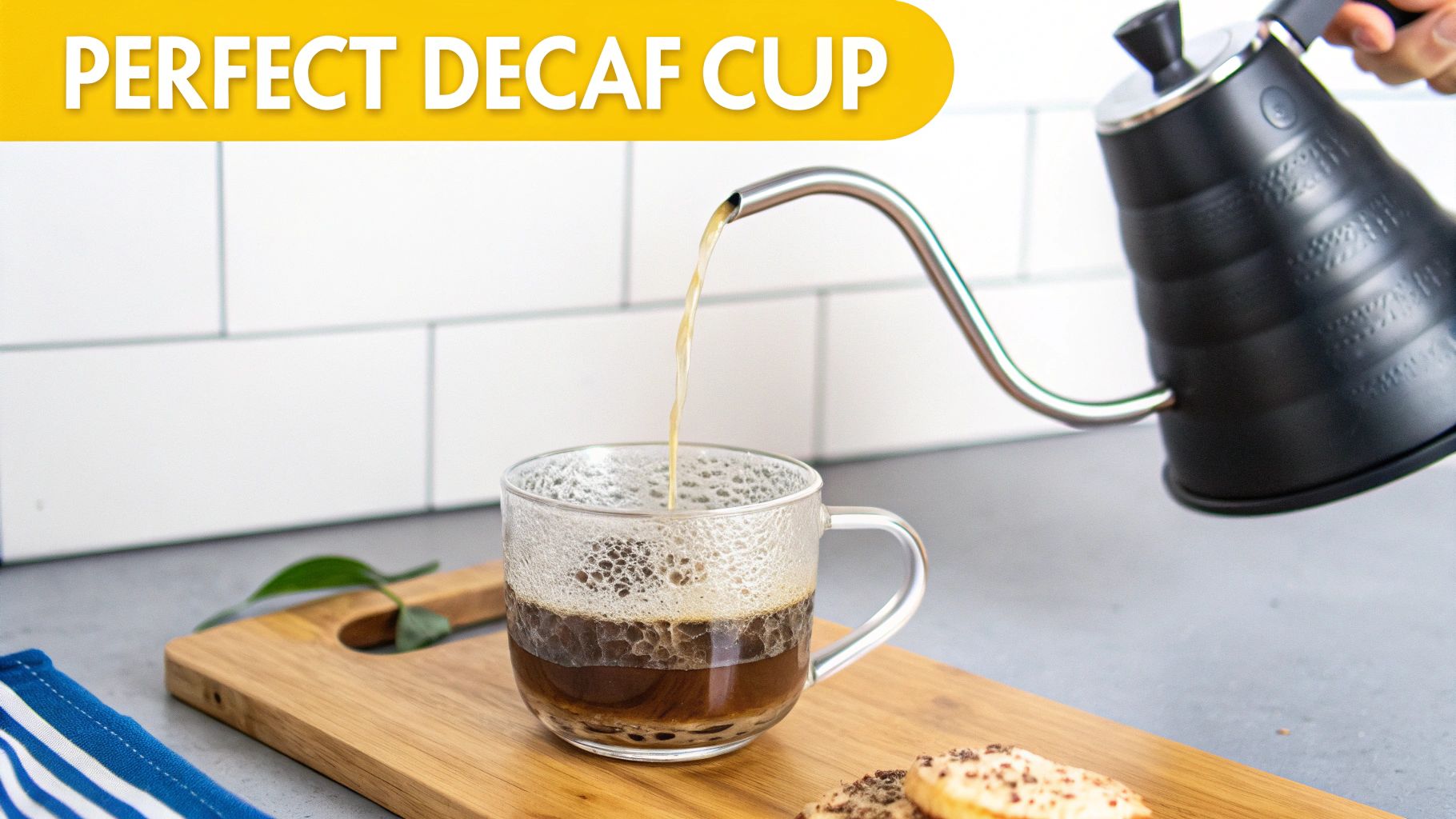 A gooseneck kettle pouring hot decaf coffee into a clear glass mug on a wooden board.