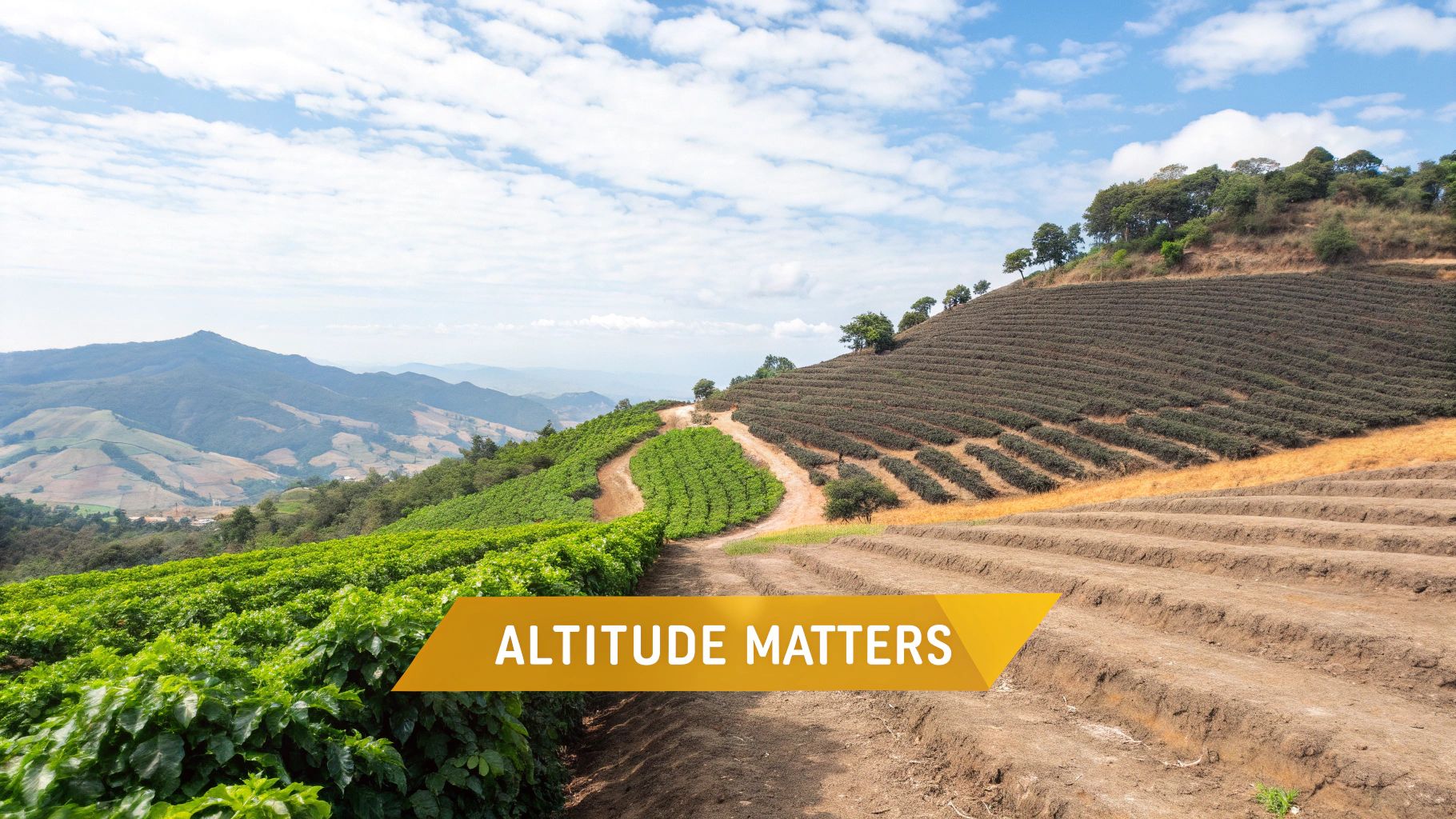 A scenic view of lush green coffee plantations on terraced hillsides under a blue sky, with distant mountains.