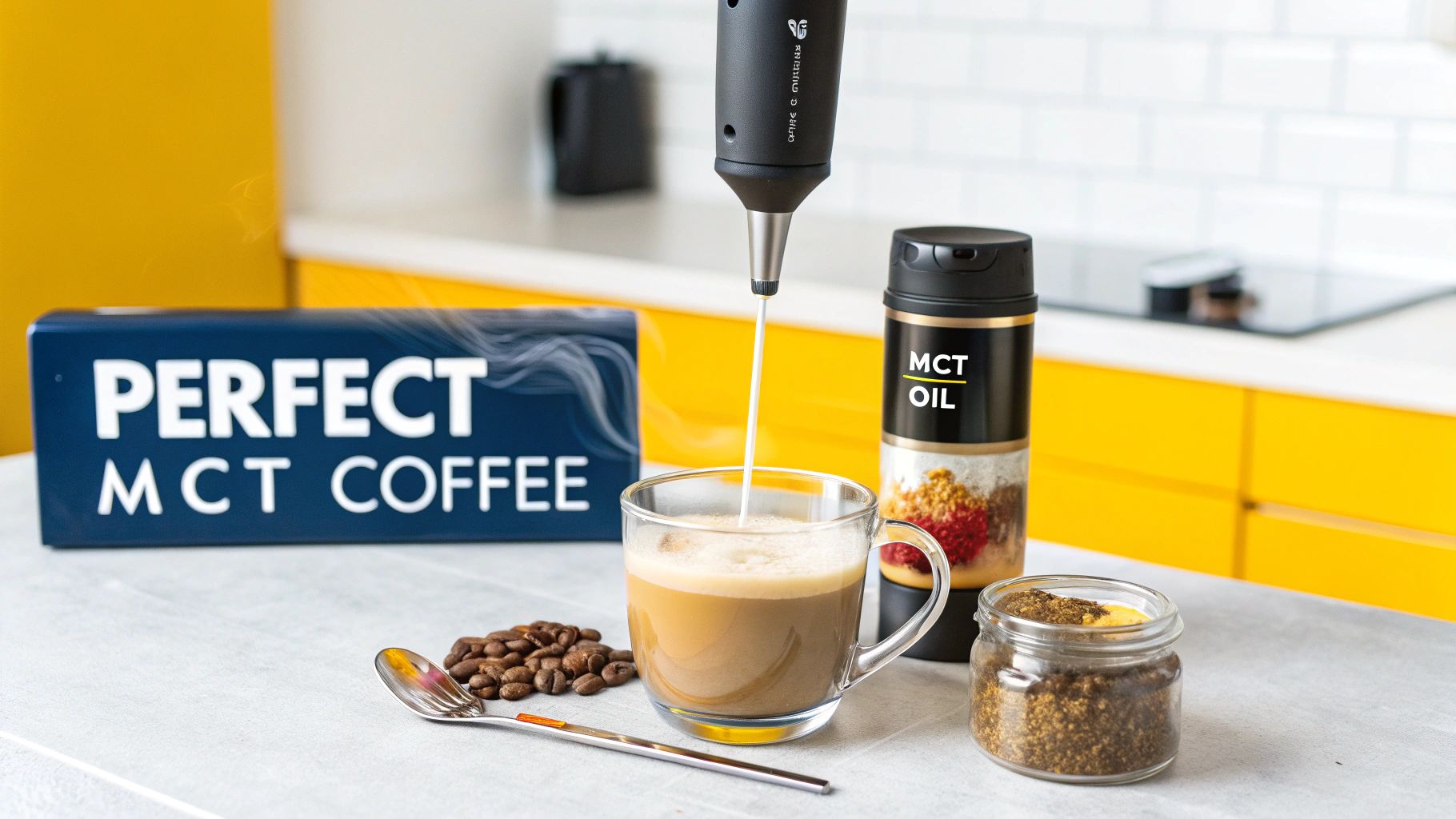 A frother pouring MCT oil into a creamy coffee next to coffee beans, a spoon, and a jar of sugar.