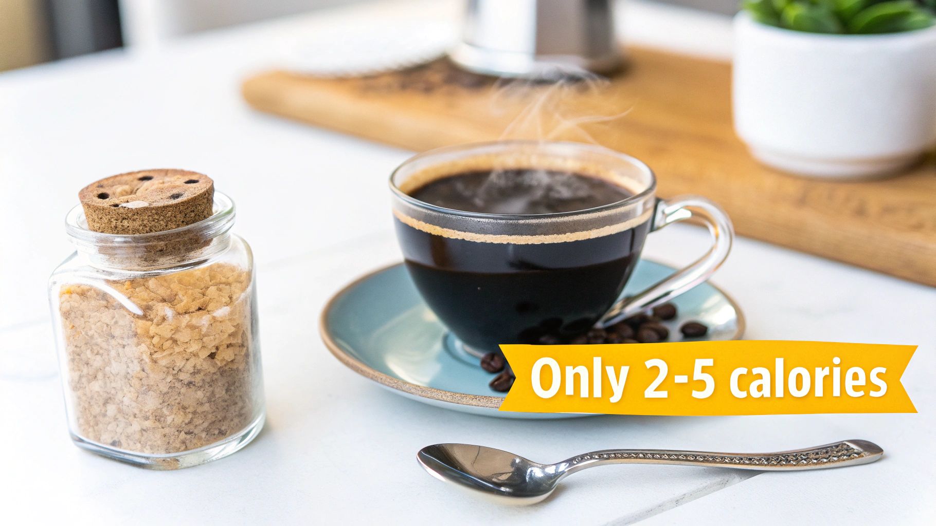 A person pouring instant coffee granules into a clear mug with a spoon beside it, on a clean, light-colored surface.