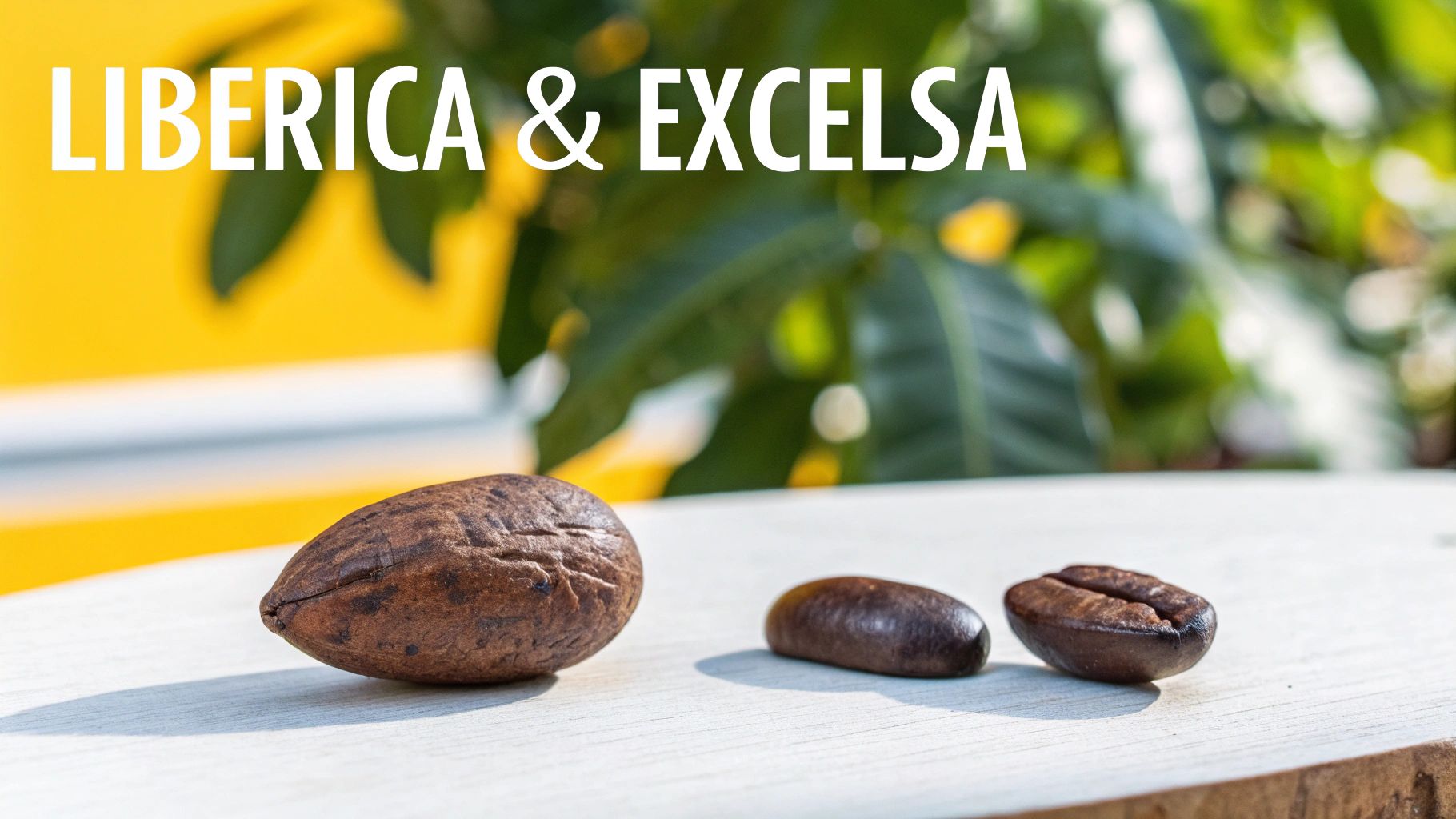 Liberica and Excelsa coffee beans displayed on a light wooden table with green leaves background.