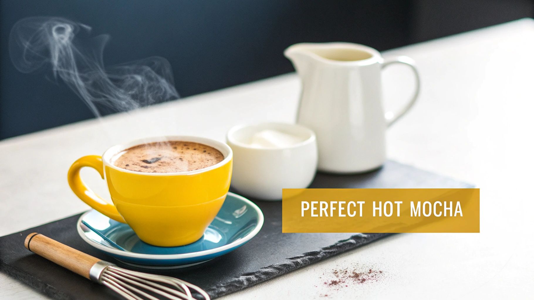 A perfectly crafted hot mocha with latte art in a white mug.