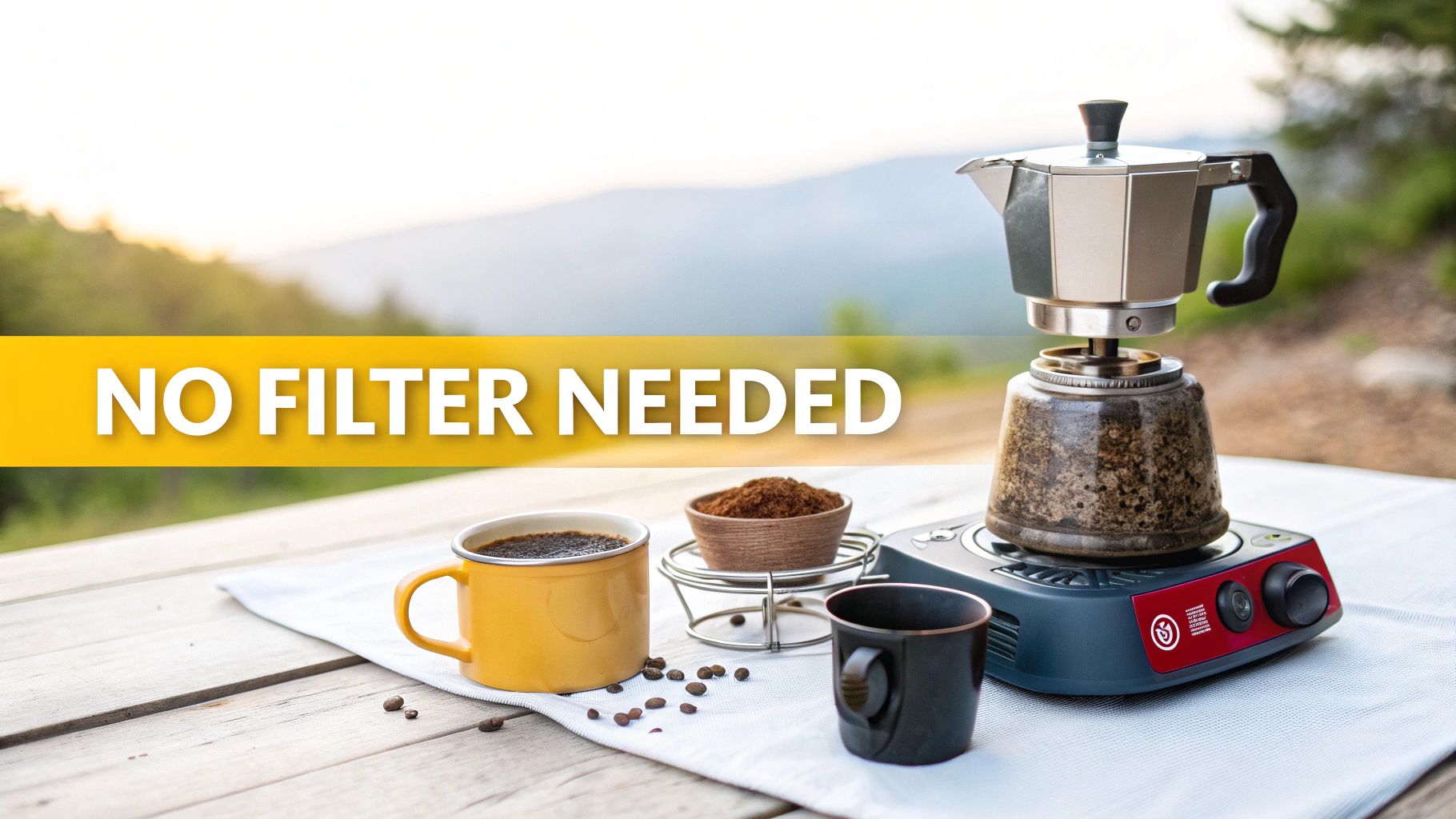 Outdoor coffee brewing scene with a moka pot, coffee grounds, and a full cup on a wooden table.