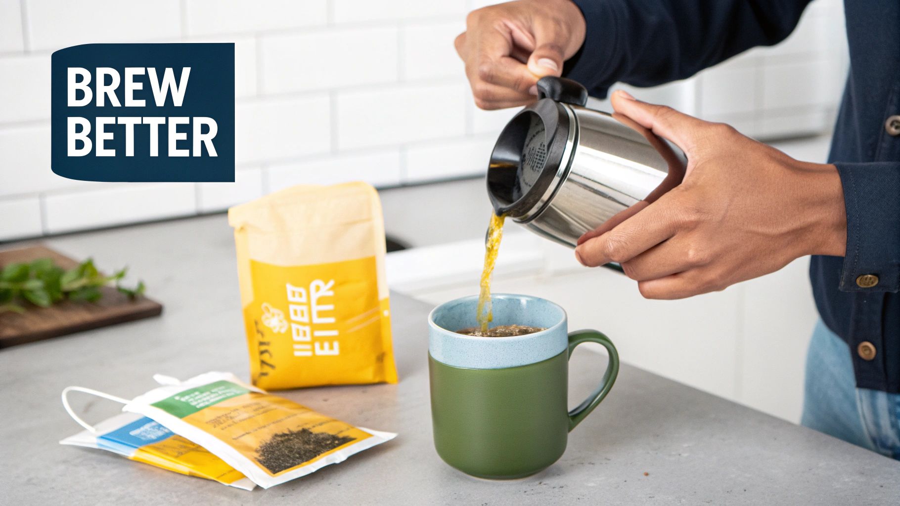 A person pours a brewed beverage from a metal press into a two-toned mug on a kitchen counter.