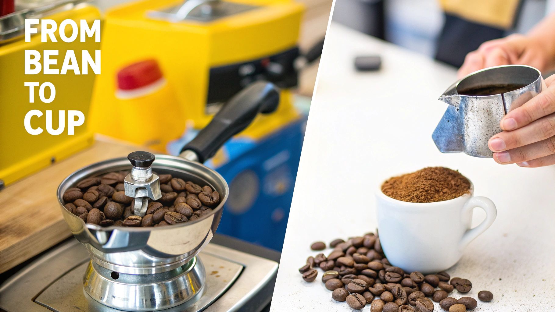 Whole coffee beans in a grinder and ground coffee in a cup, showing the 'from bean to cup' process.