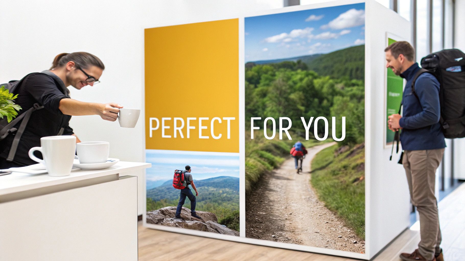 A traveler sitting in a hotel room, making coffee with an individual packet.