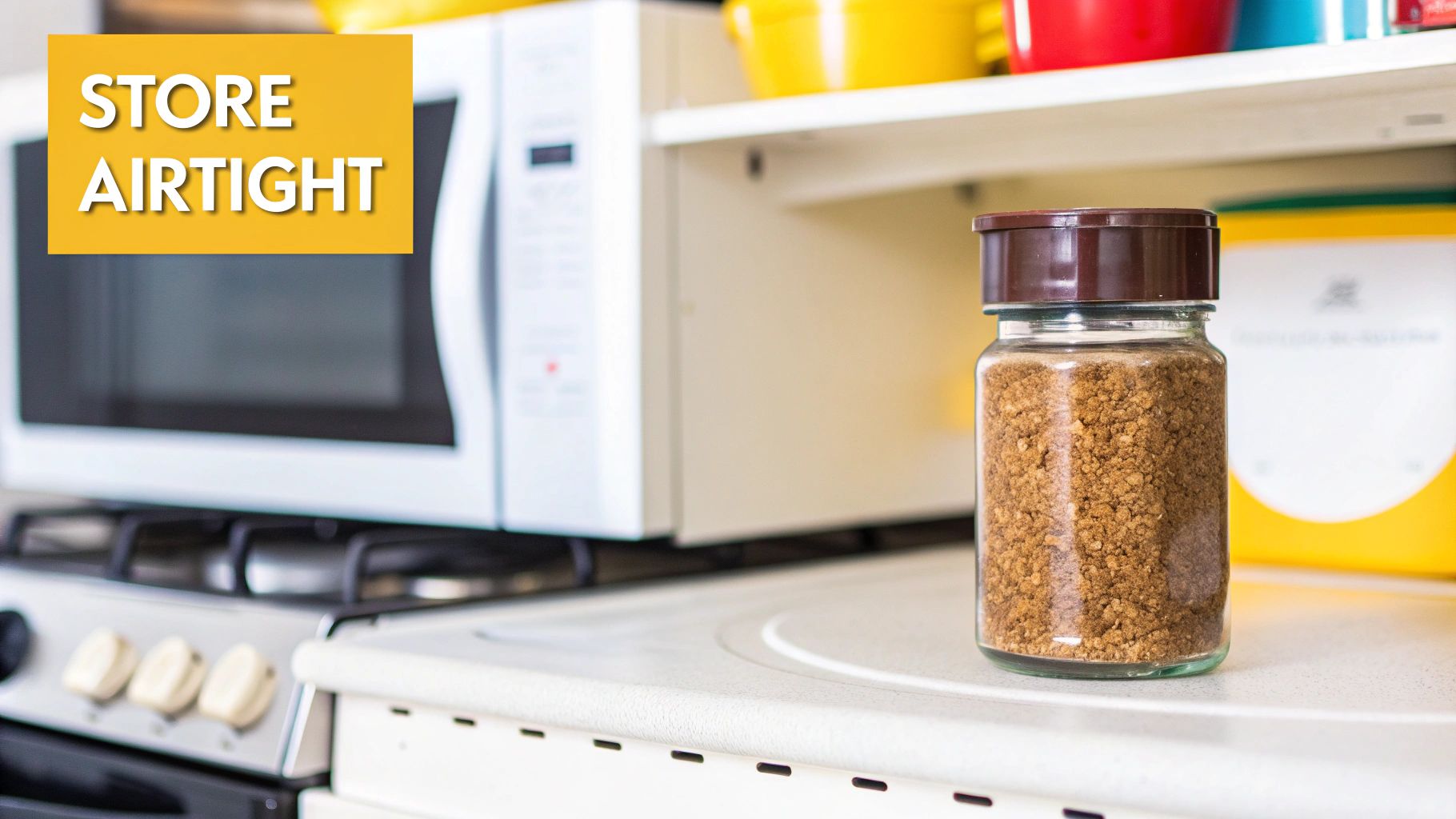 Glass jar of instant coffee granules stored on kitchen counter near white microwave