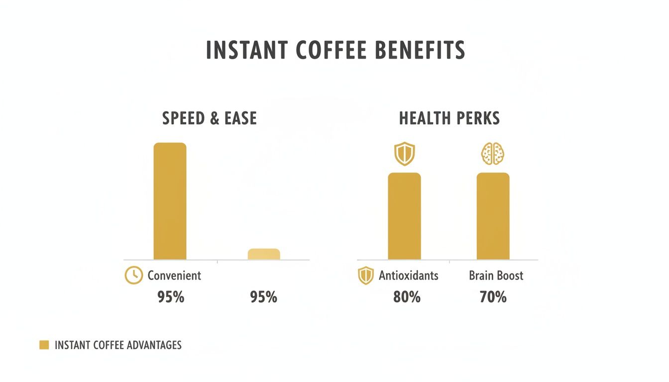 Bar chart detailing instant coffee benefits: 95% for convenience and ease, 80% antioxidants, 70% brain boost.