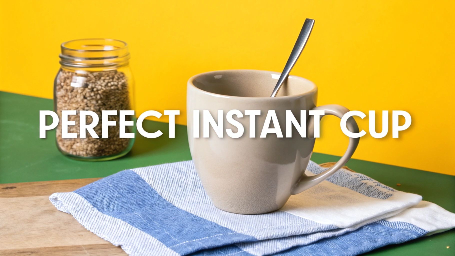 A beige mug with a spoon, jar of instant coffee, and blue towel, with text 'PERFECT INSTANT CUP'.