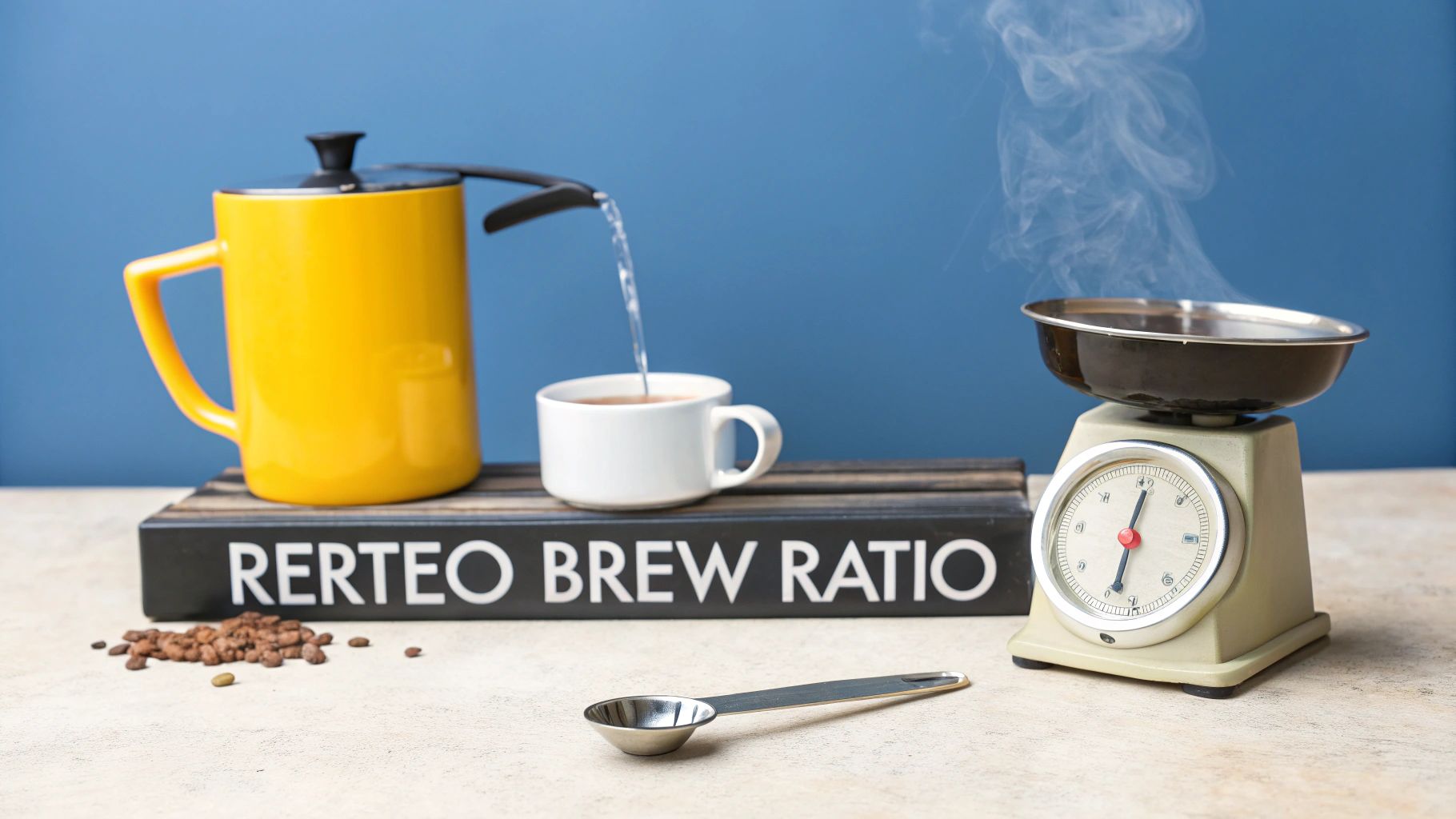 A coffee brewing setup with a yellow kettle pouring water into a cup, coffee beans, and a scale with a steaming bowl.