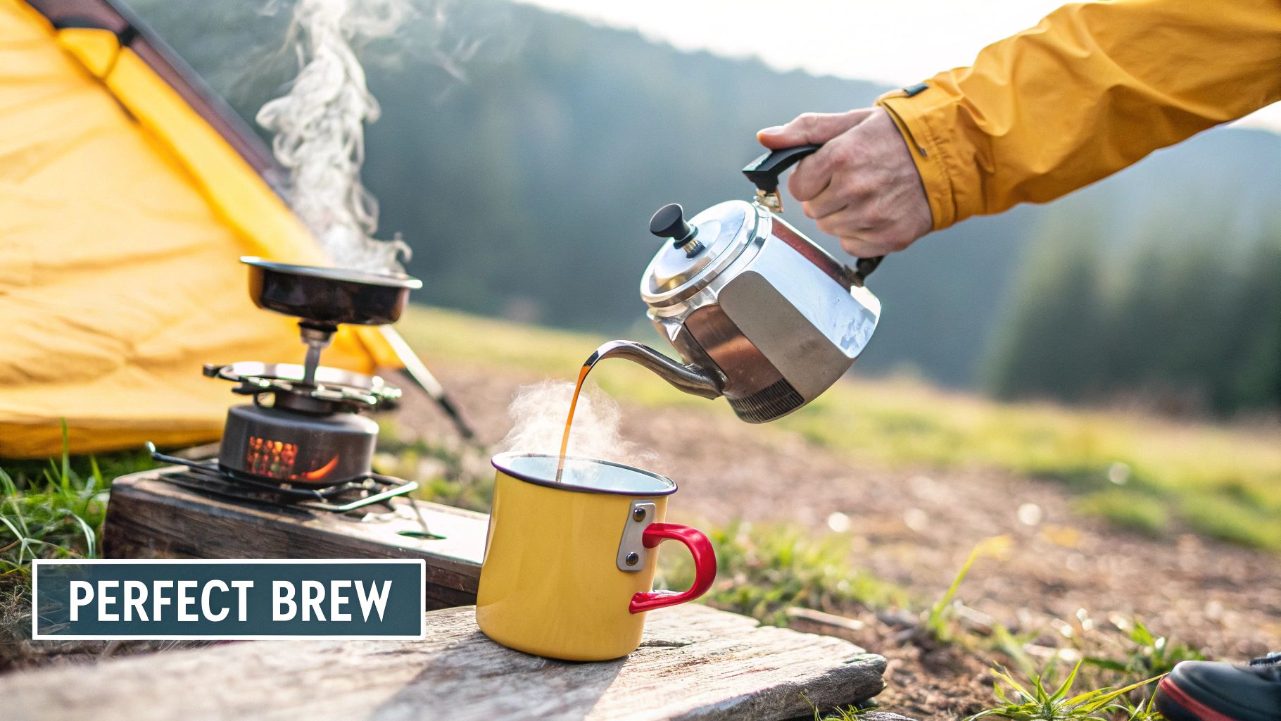 A backpacker brewing instant coffee in a metal mug against a scenic mountain backdrop.