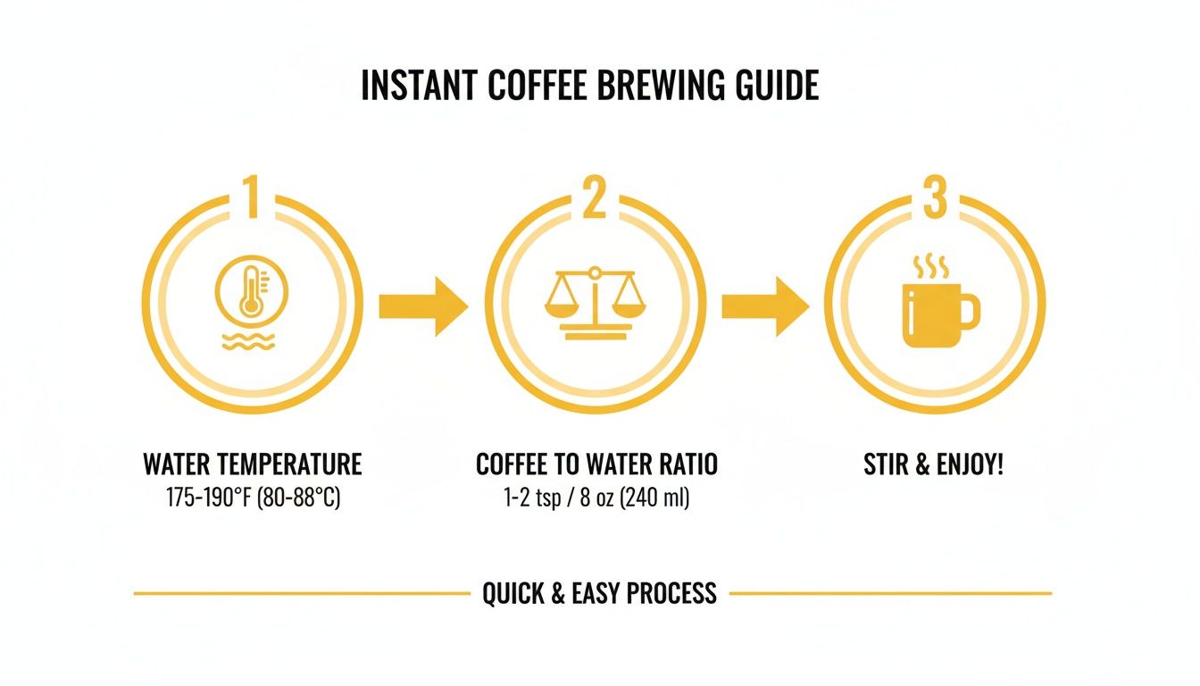 A step-by-step guide on how to brew instant coffee, covering water temperature, coffee ratio, and stirring.