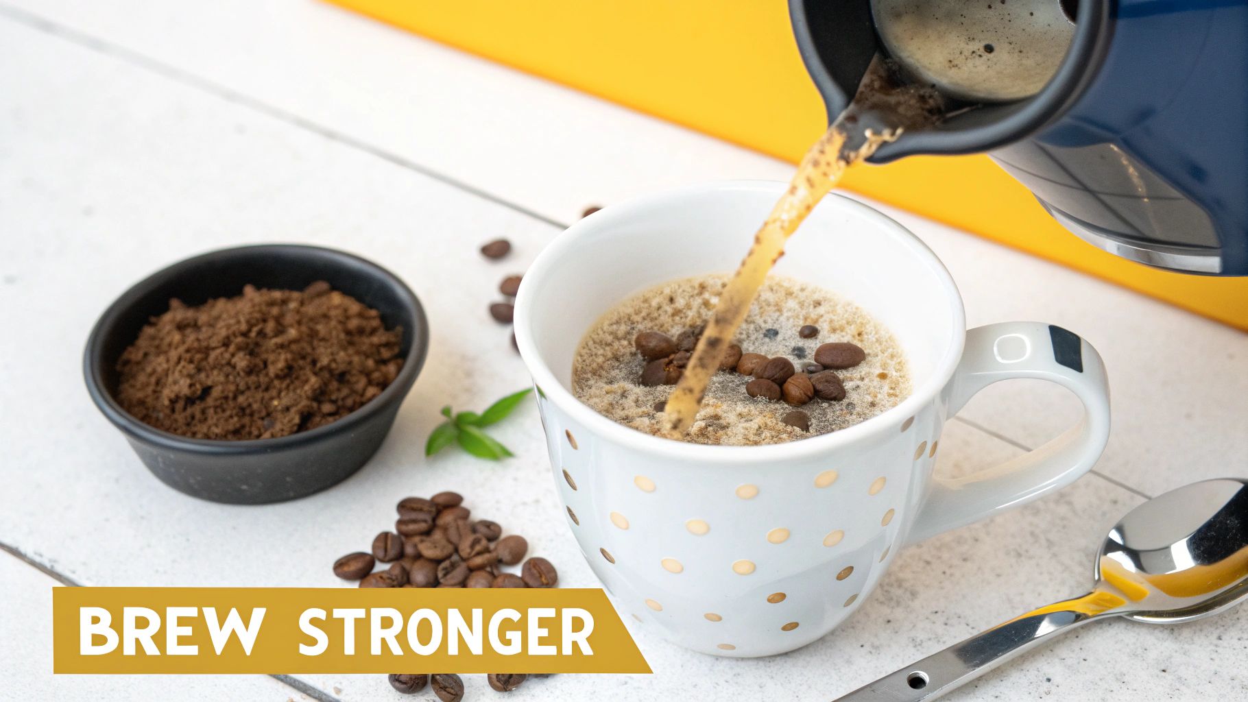 Coffee being poured into a white mug, with ground coffee, beans, and a spoon nearby.