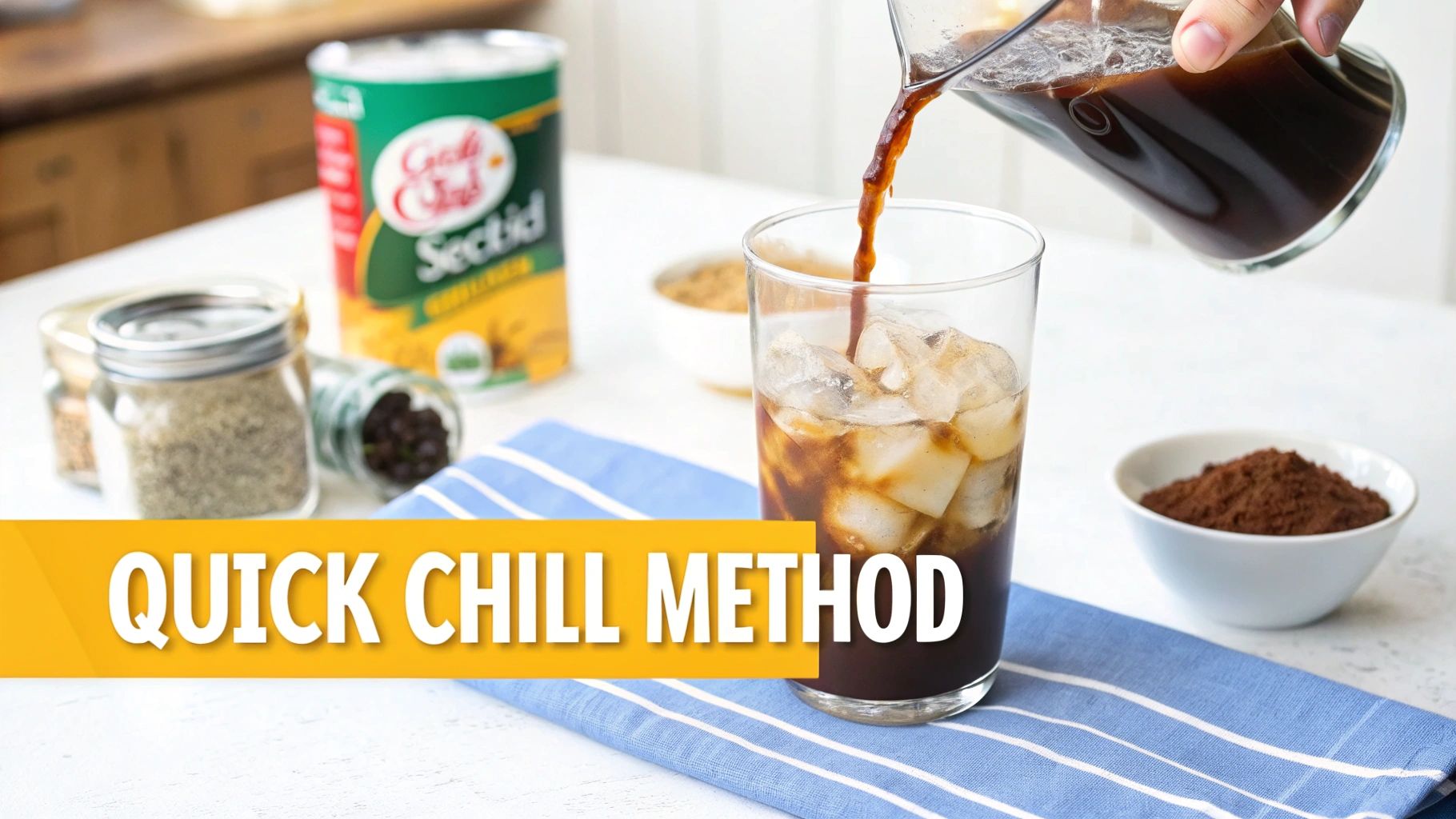 A hand pouring fresh dark coffee into a glass filled with ice, illustrating a quick chill method.