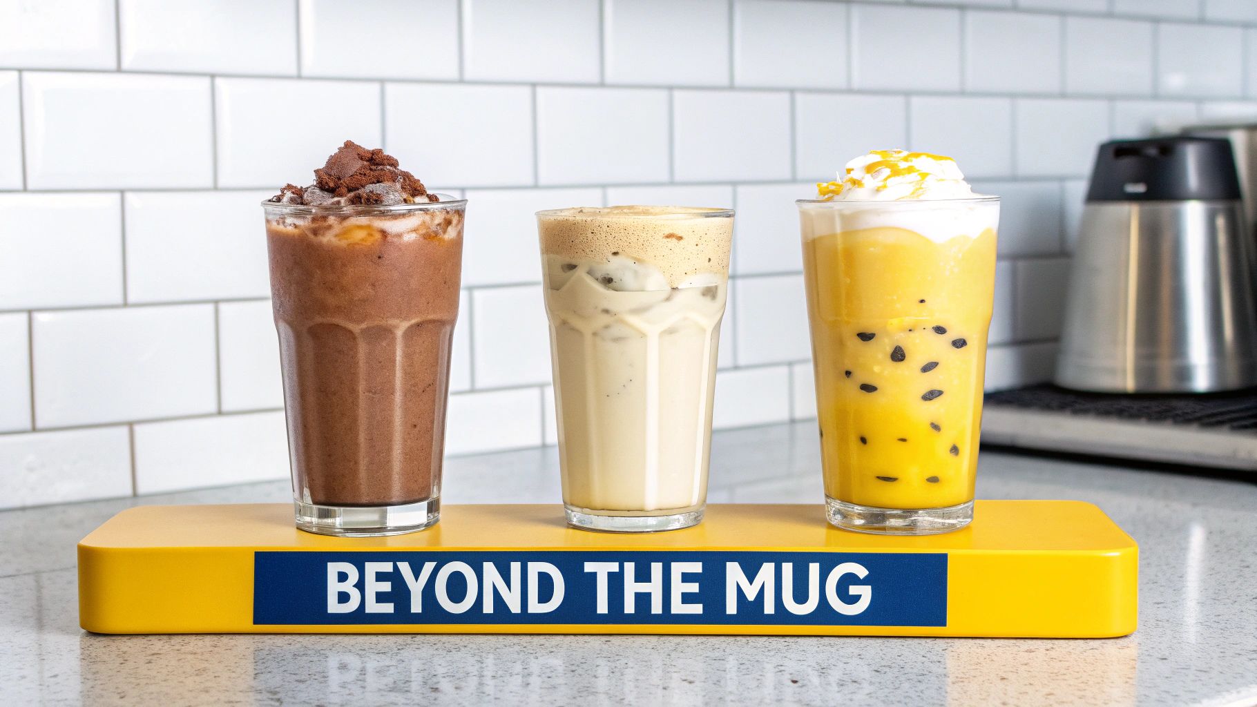 Three diverse specialty drinks: a chocolate frappe, an iced coffee, and a mango boba drink, displayed on a yellow stand.