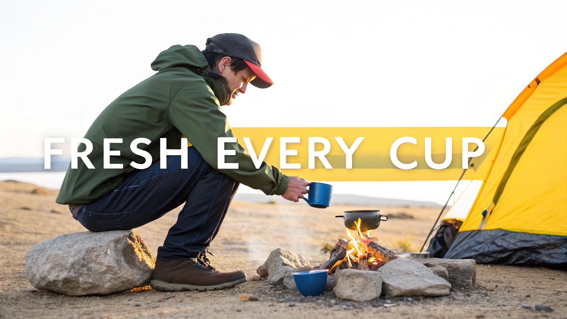 A person pouring hot water into a single-serve coffee packet while camping.