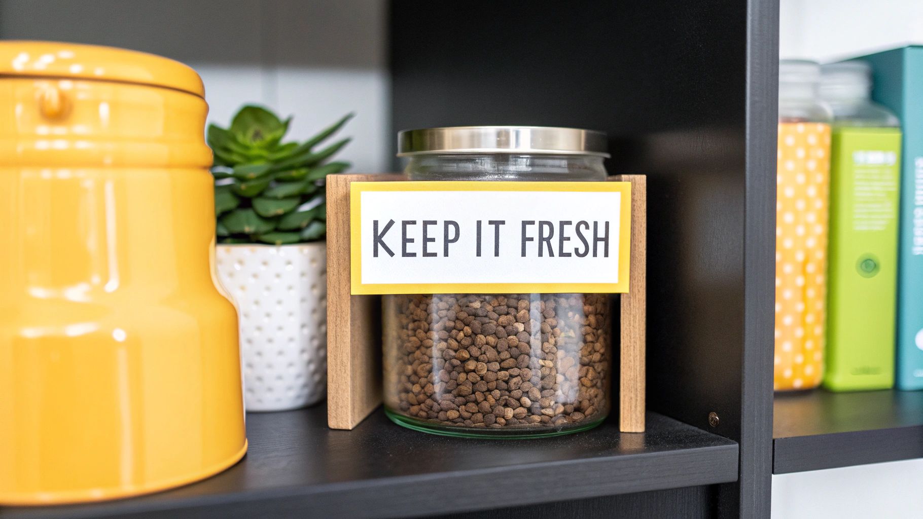 A clean and organized pantry shelf with jars of coffee and other dry goods.