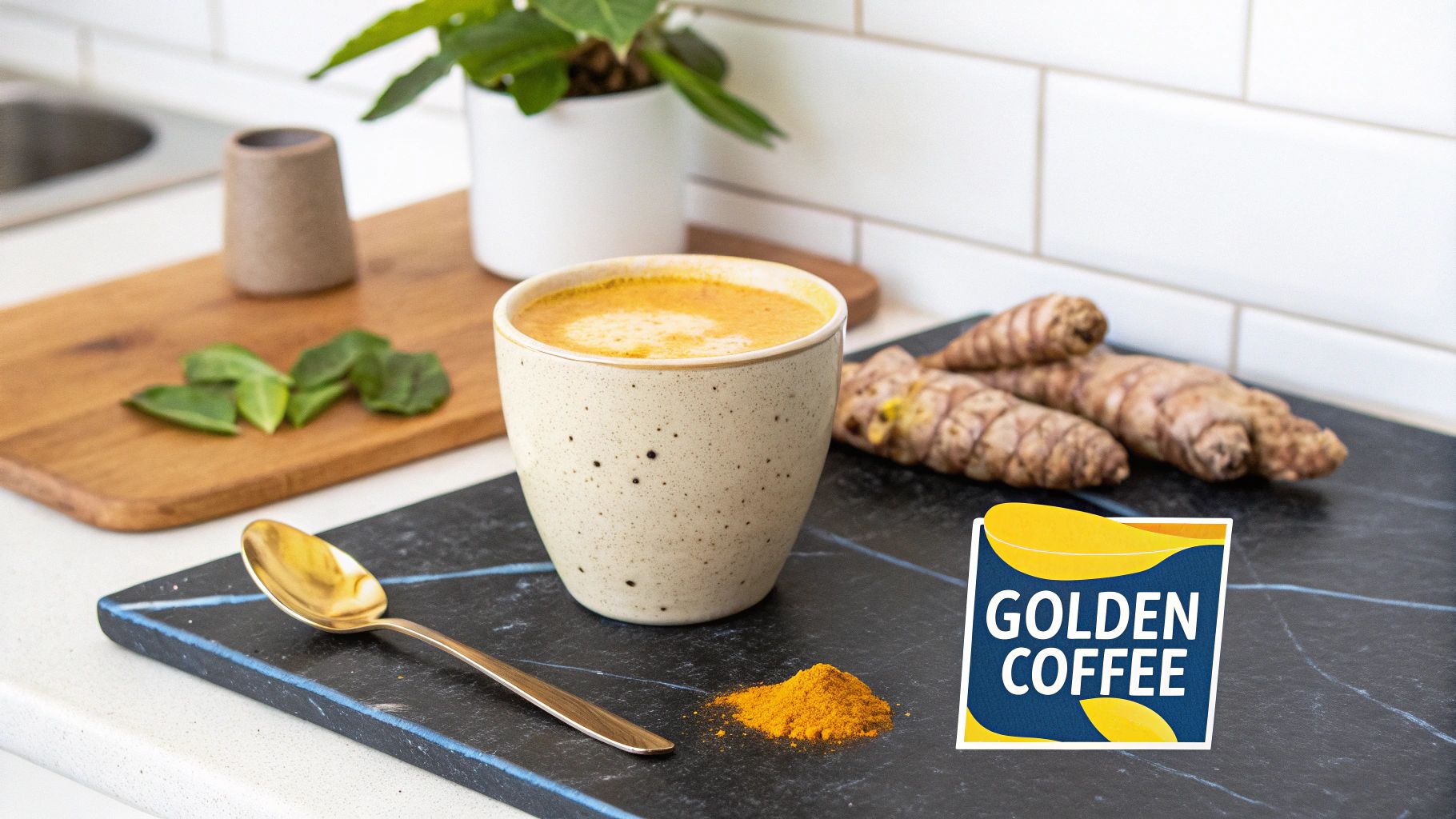 A warm, inviting mug of turmeric coffee, beautifully garnished with a cinnamon stick.