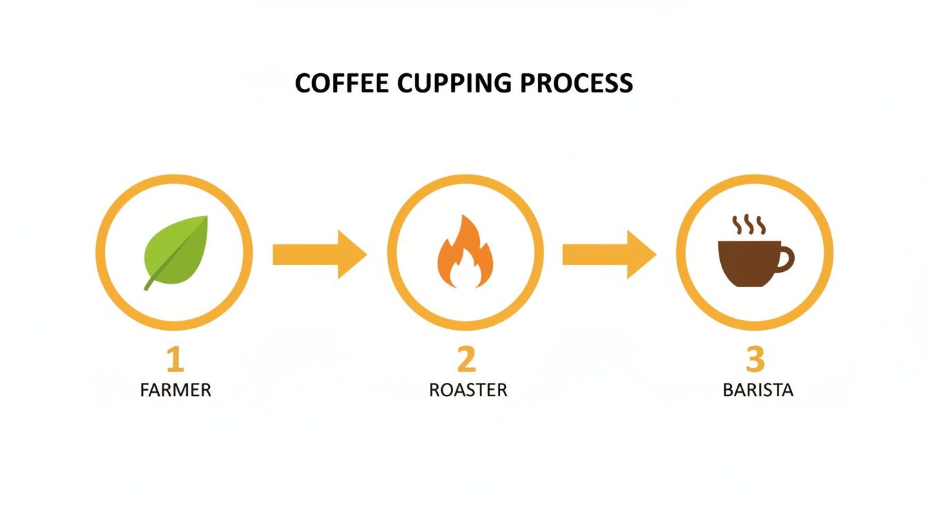 A diagram shows the coffee cupping process from farmer (leaf) to roaster (flame) to barista (coffee cup).