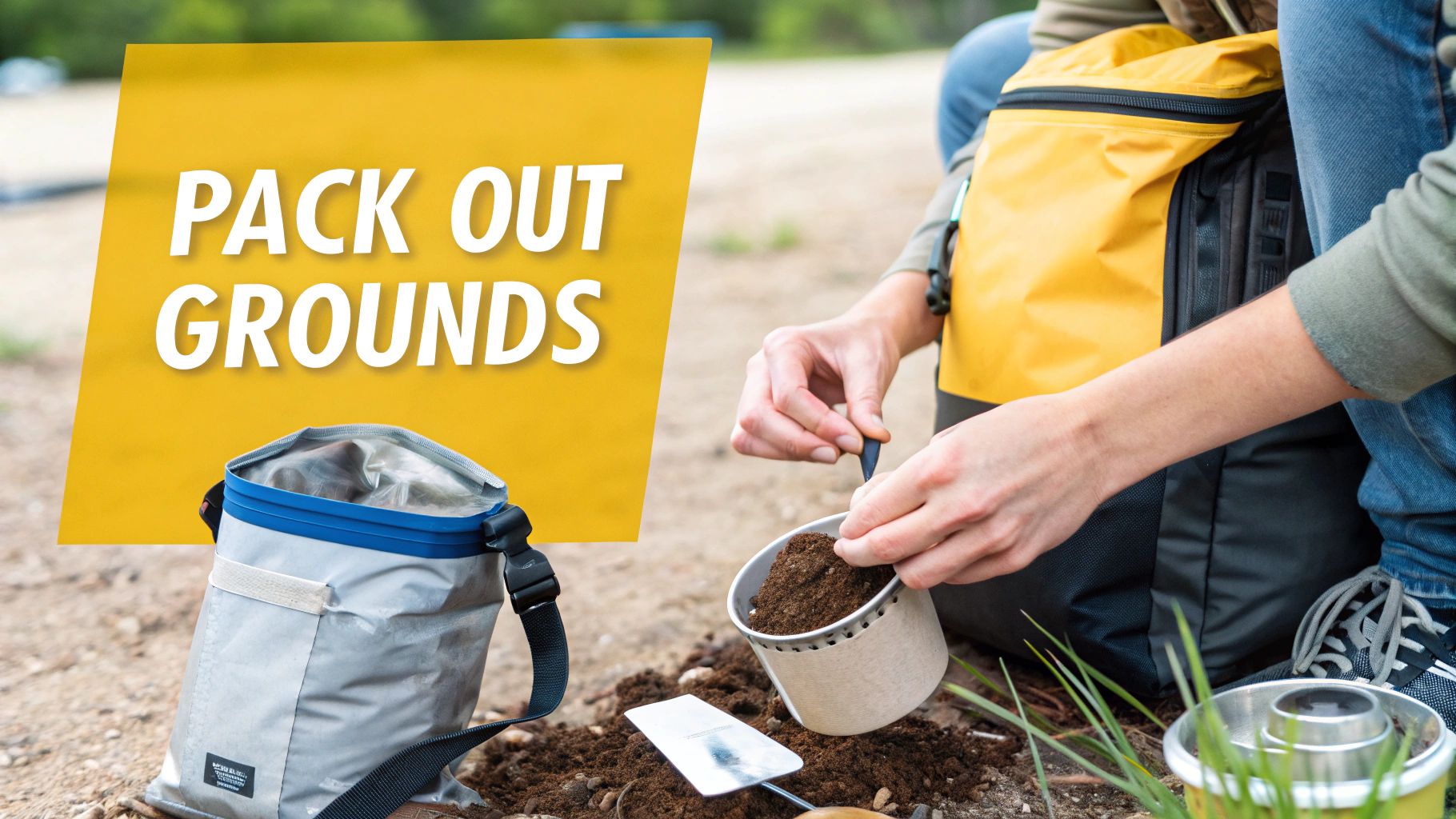 A person cleaning a French press by a lake while camping.