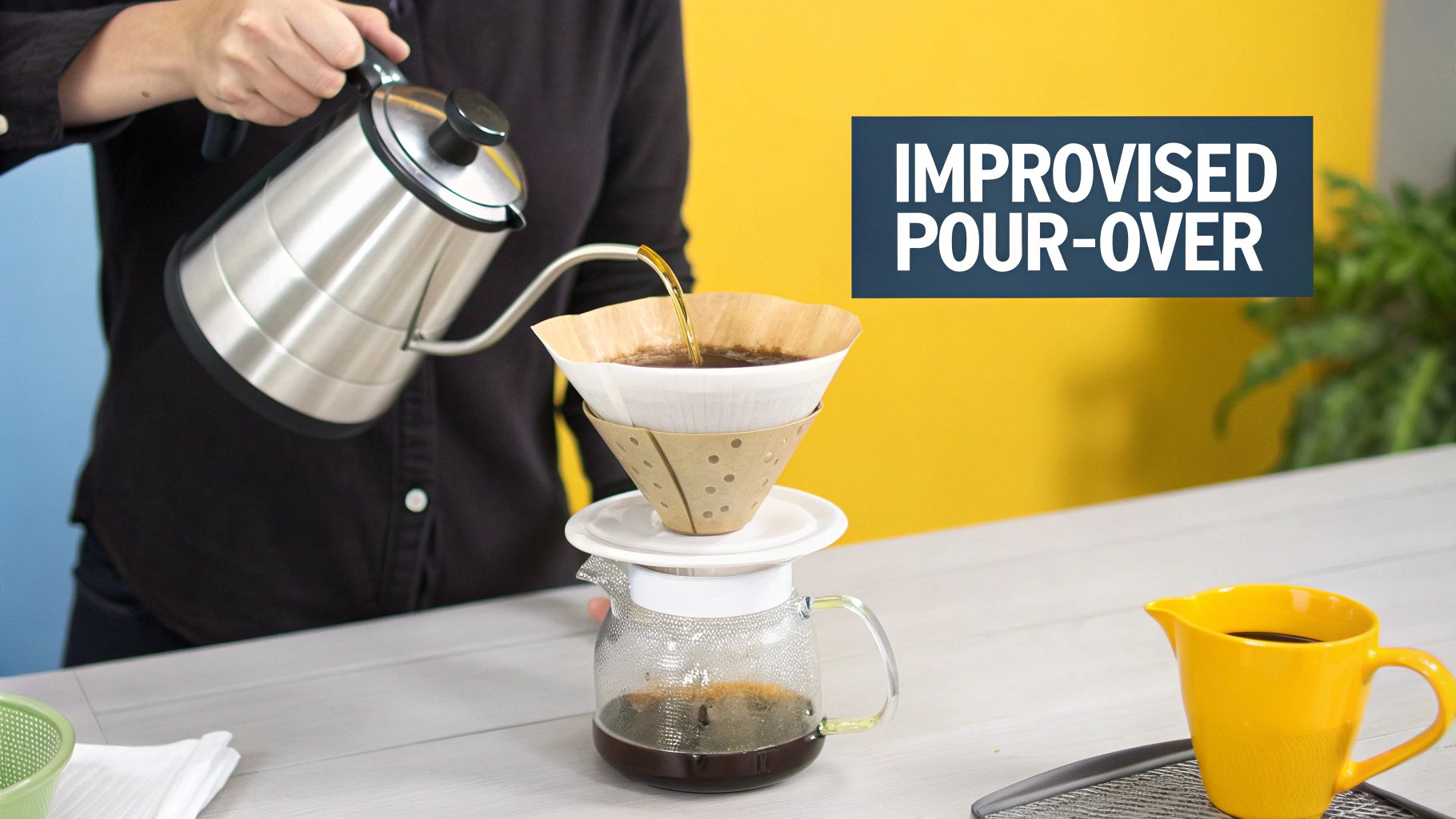 A person pours water from a gooseneck kettle into an improvised pour-over coffee setup.