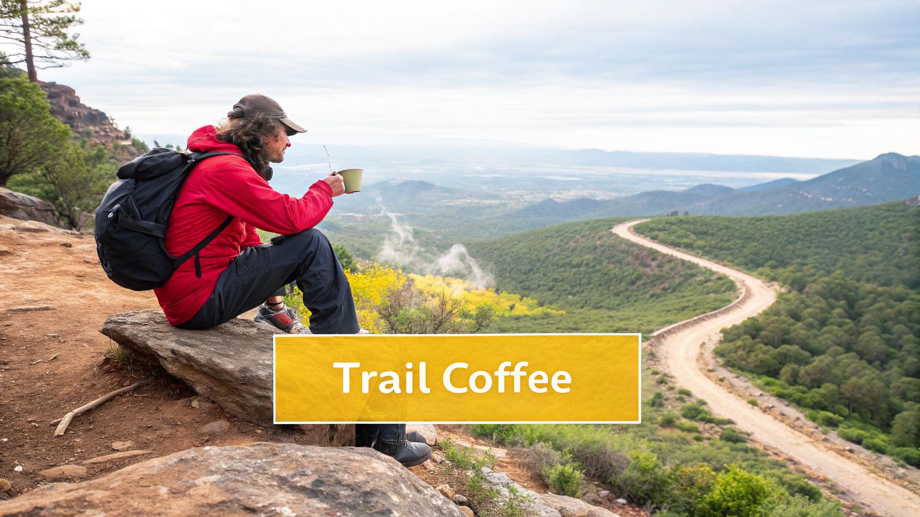 A backpacker brewing a cup of Cartograph Coffee in the wilderness.