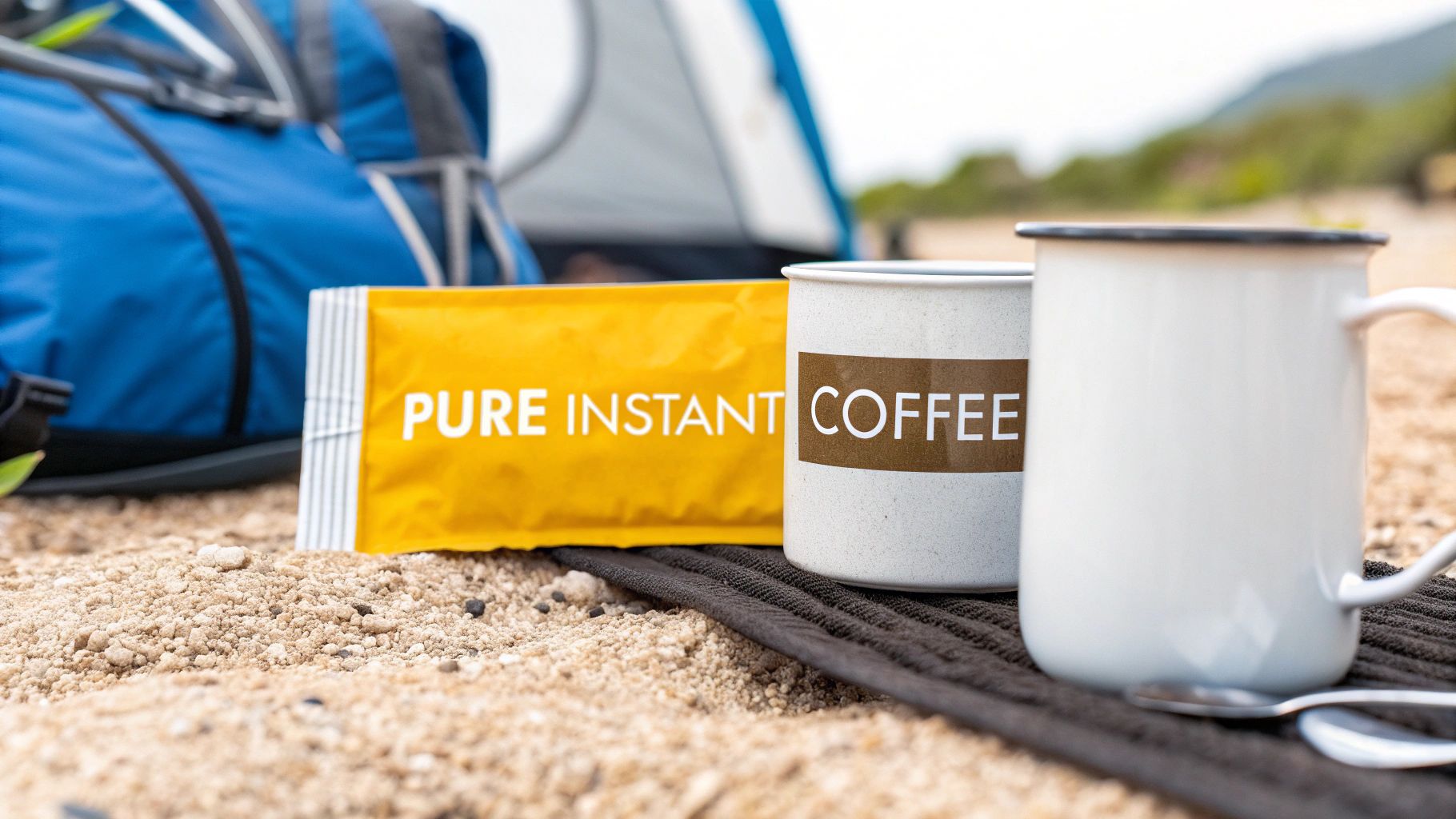 Instant coffee packet and two mugs on sandy ground with camping gear.
