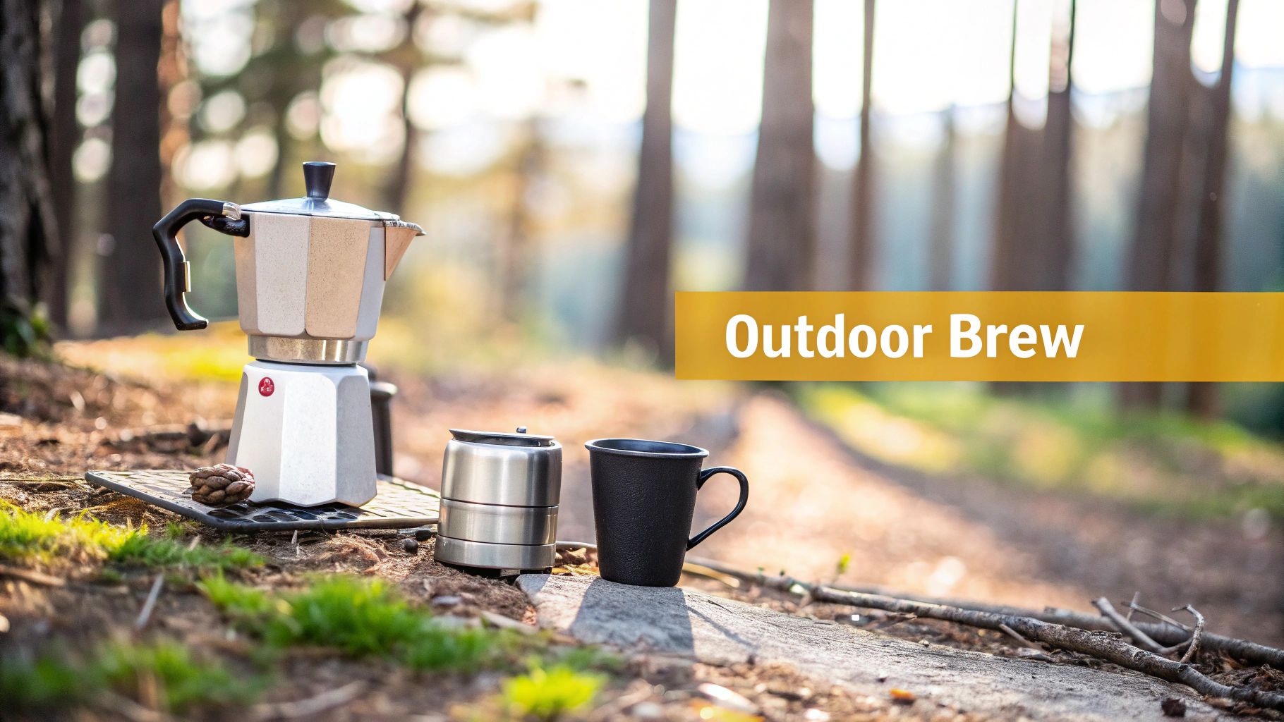 A Moka pot, coffee grinder, and black mug on the ground in a sunny forest setting, with text 'Outdoor Brew'.
