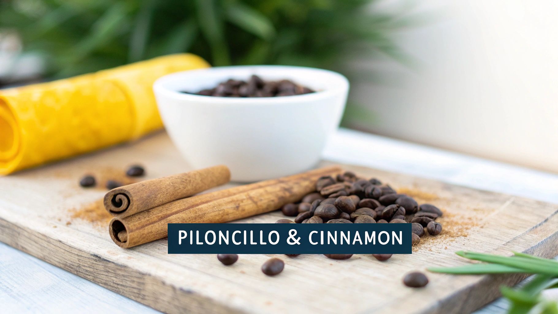 Cinnamon sticks and piloncillo coffee beans arranged on wooden board for Mexican cafe de olla