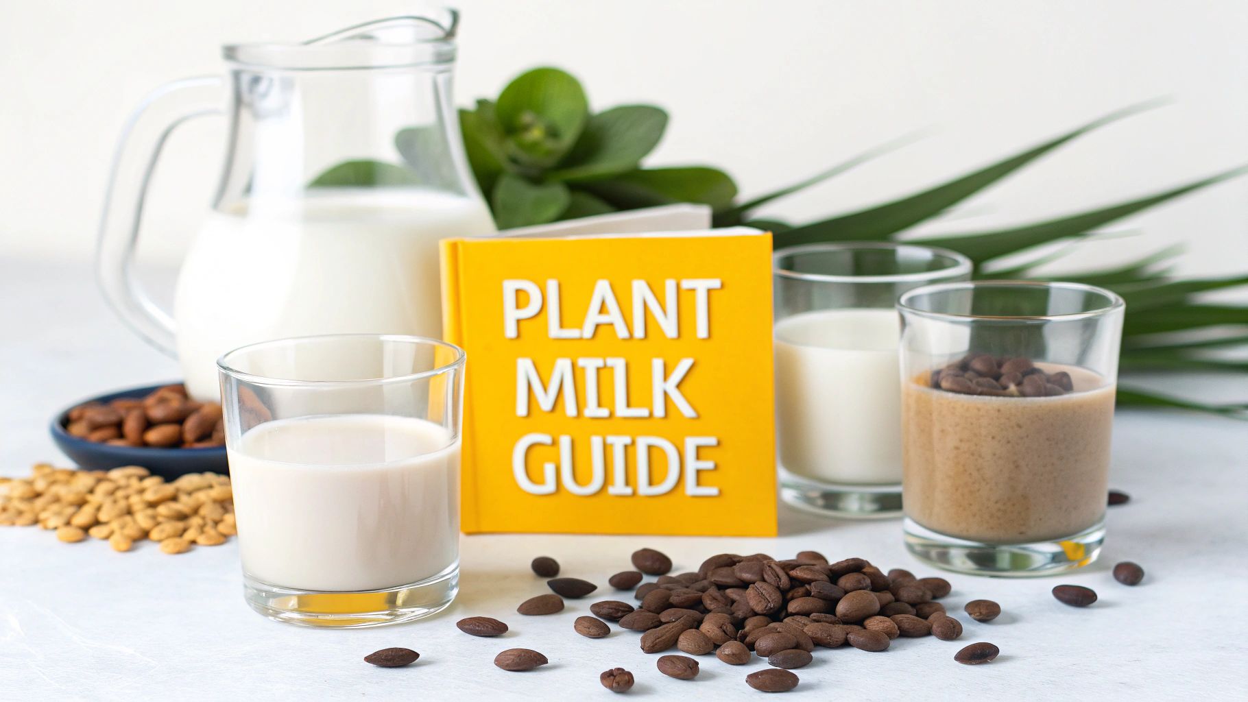 A collection of plant-based milks in glasses and a pitcher, with a "Plant Milk Guide" book, soybeans, almonds, and coffee beans.