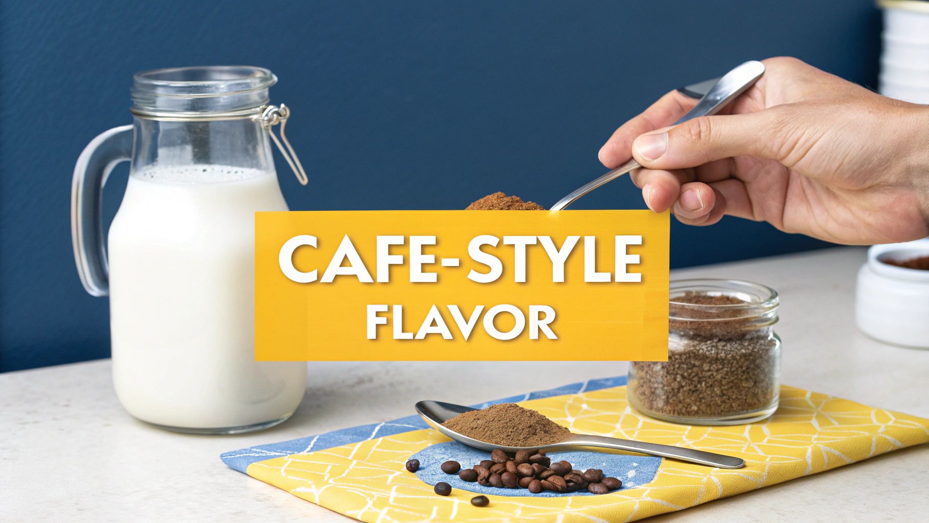 A person pouring frothed milk into a mug of instant coffee, creating latte art.