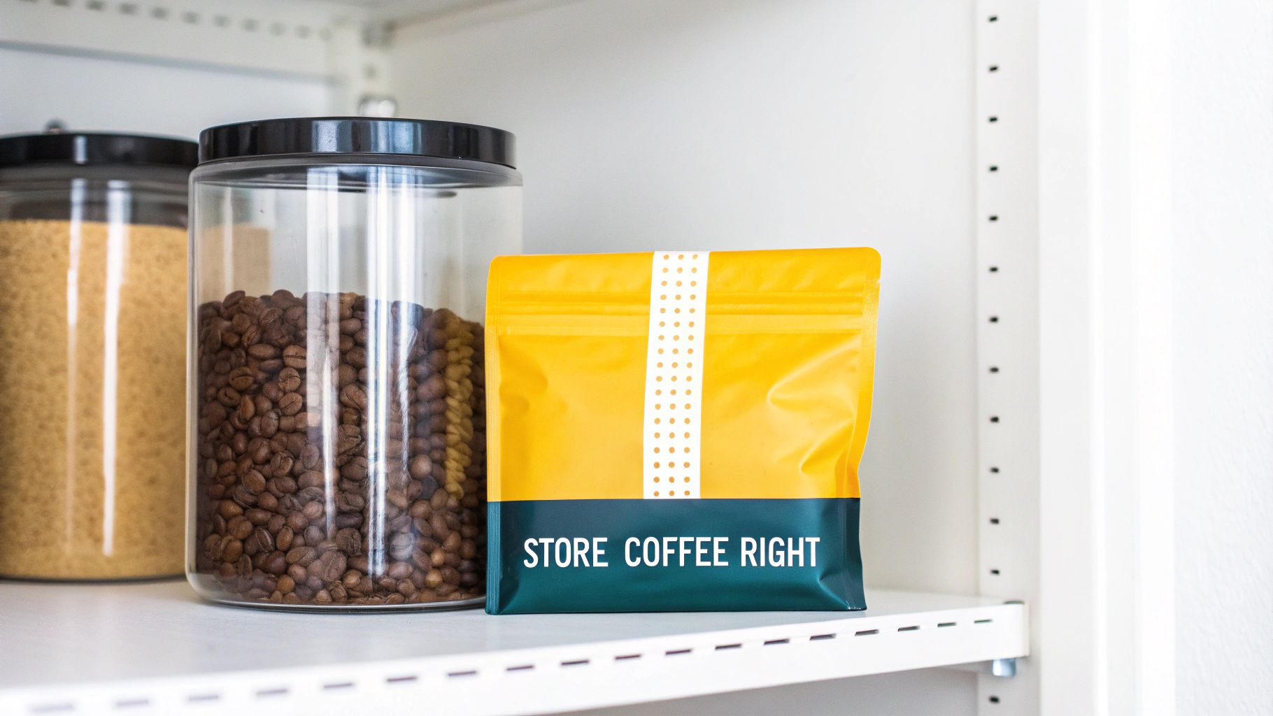 A white pantry shelf holds coffee beans in a jar and a yellow 'STORE COFFEE RIGHT' bag.