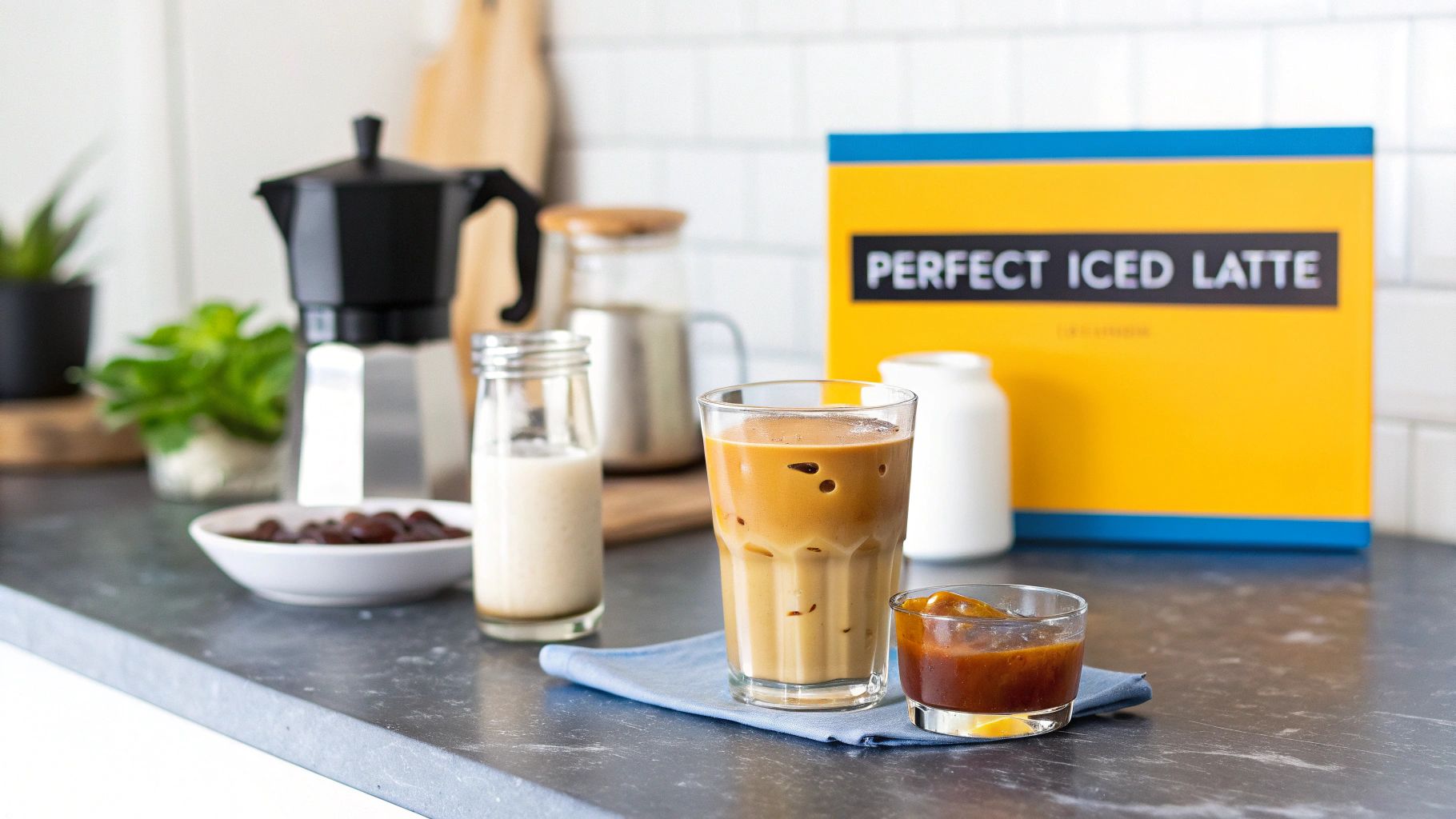 An iced latte, caramel sauce, moka pot, and milk on a kitchen counter with an iced latte kit box.