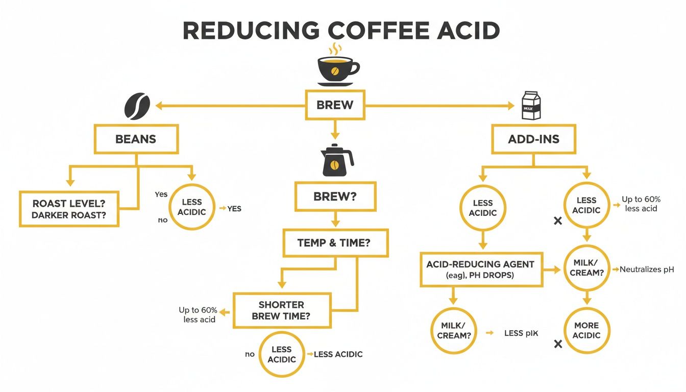 Flowchart illustrating various methods for reducing coffee acid, including bean roast, brewing time, and add-ins.