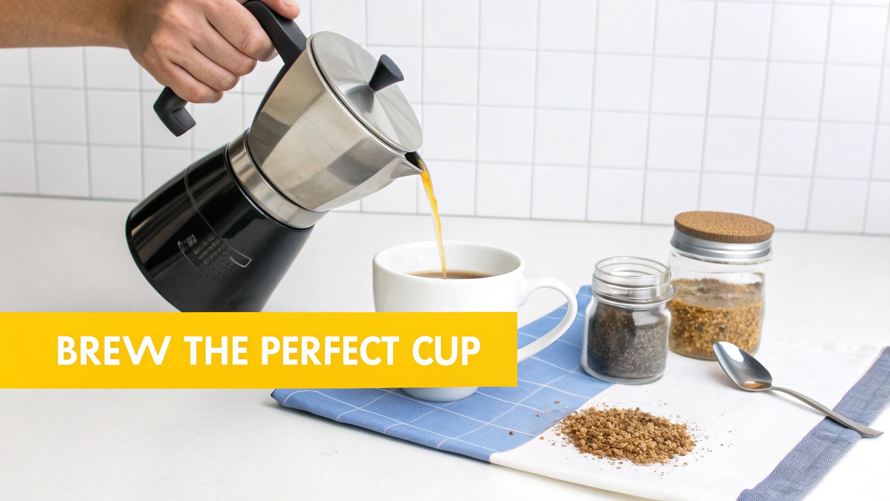 A person pours coffee from a black and silver Moka pot into a white cup on a counter.