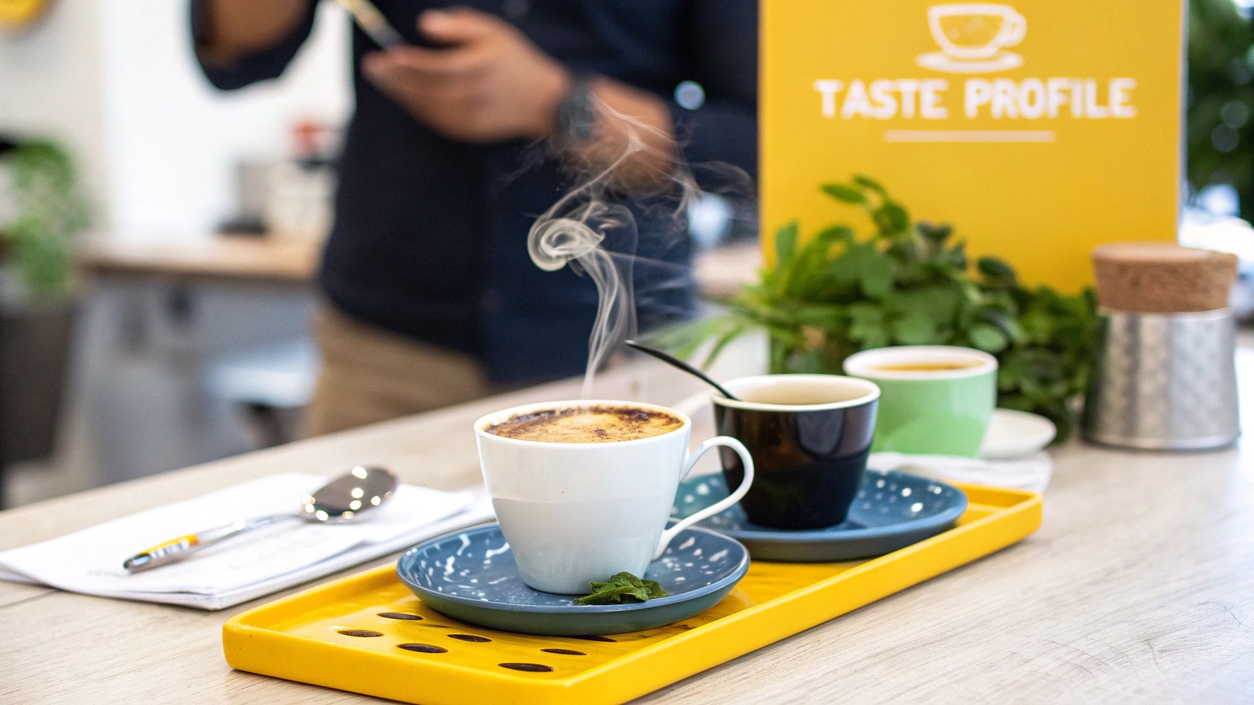 Steaming coffee cup on a yellow tray with another cup and a 'Taste Profile' sign on a counter.