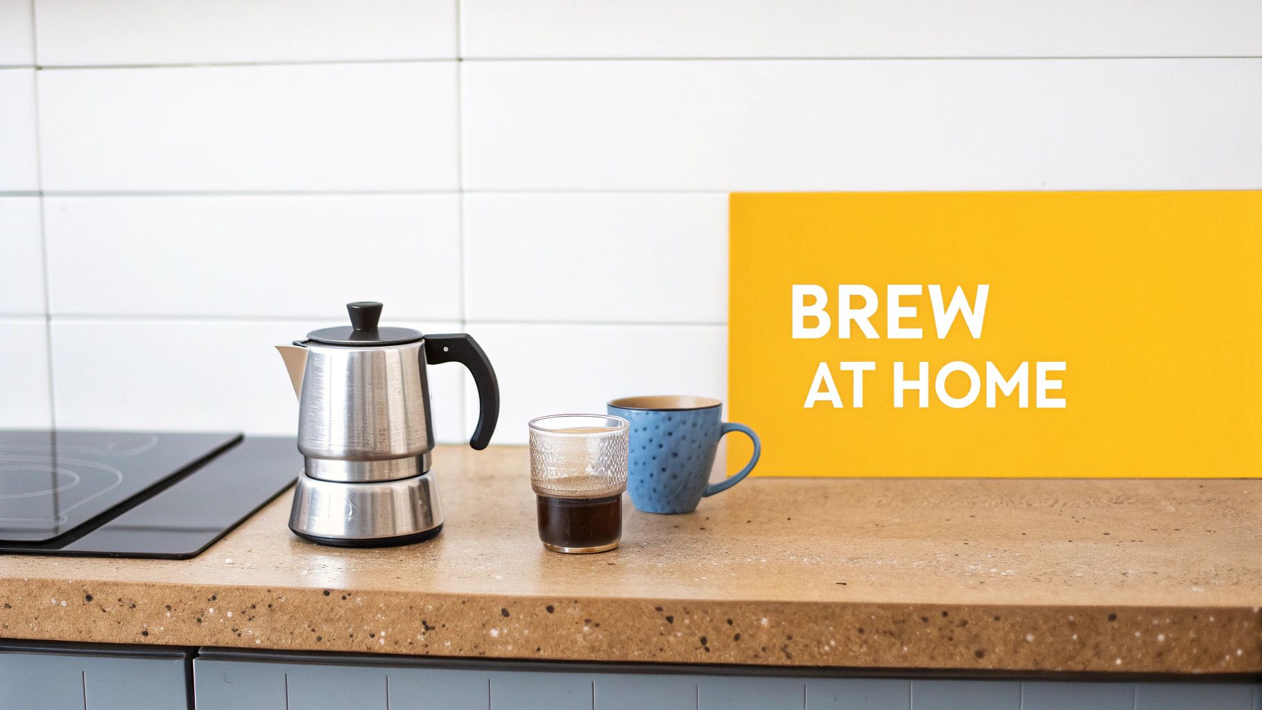 A Moka pot, coffee glass, and blue mug on a counter with a 'Brew at Home' sign.