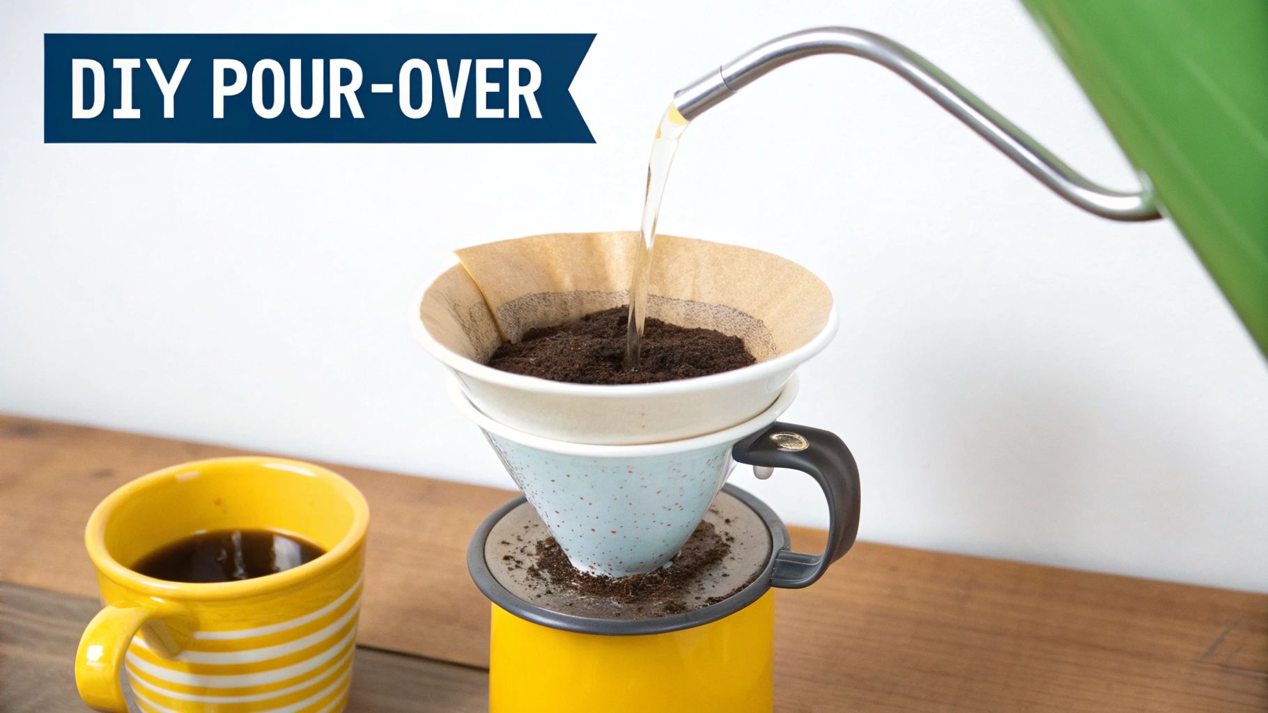 A person improvising a pour-over coffee setup with a filter over a mug.