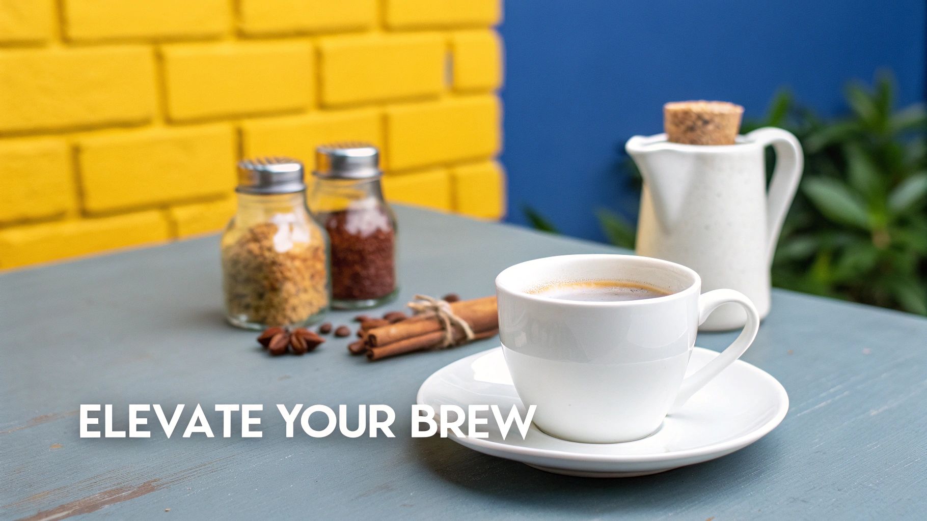 A white coffee cup and saucer with spices like cinnamon sticks and star anise on a table, ready to elevate a home brew.