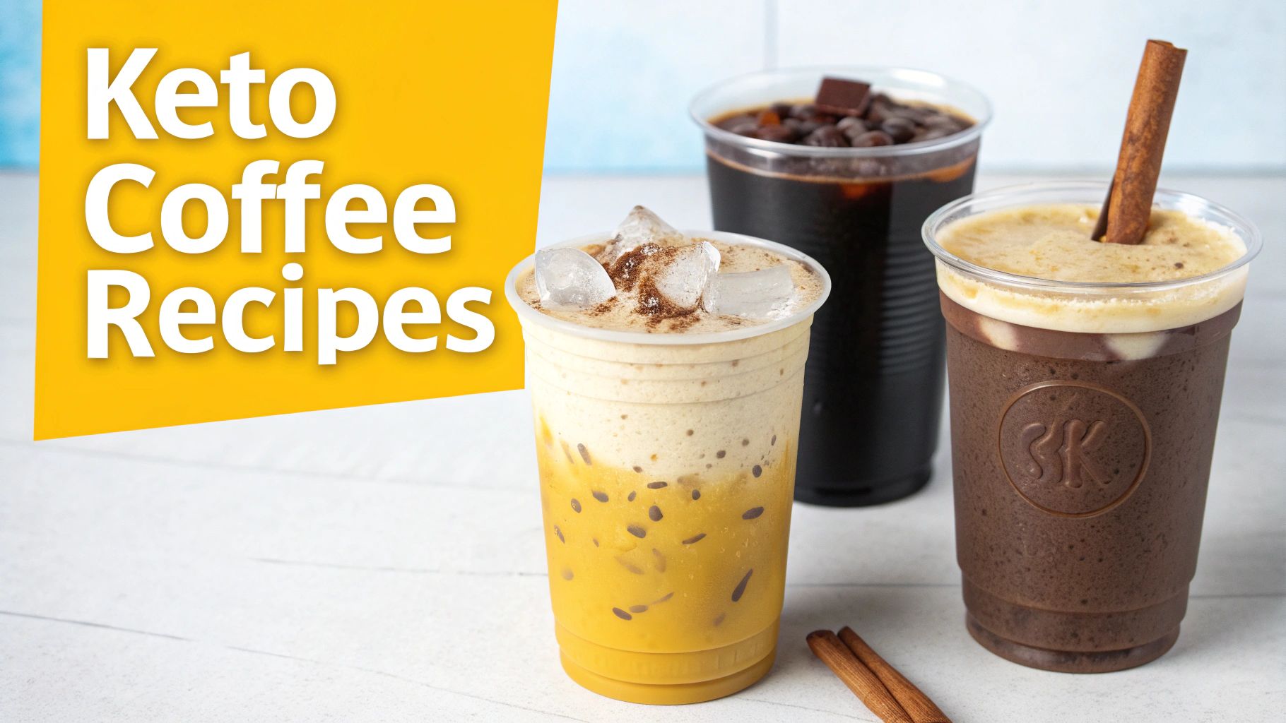 Three refreshing keto iced coffee drinks: a layered latte, dark cold brew, and frothy blended mocha.